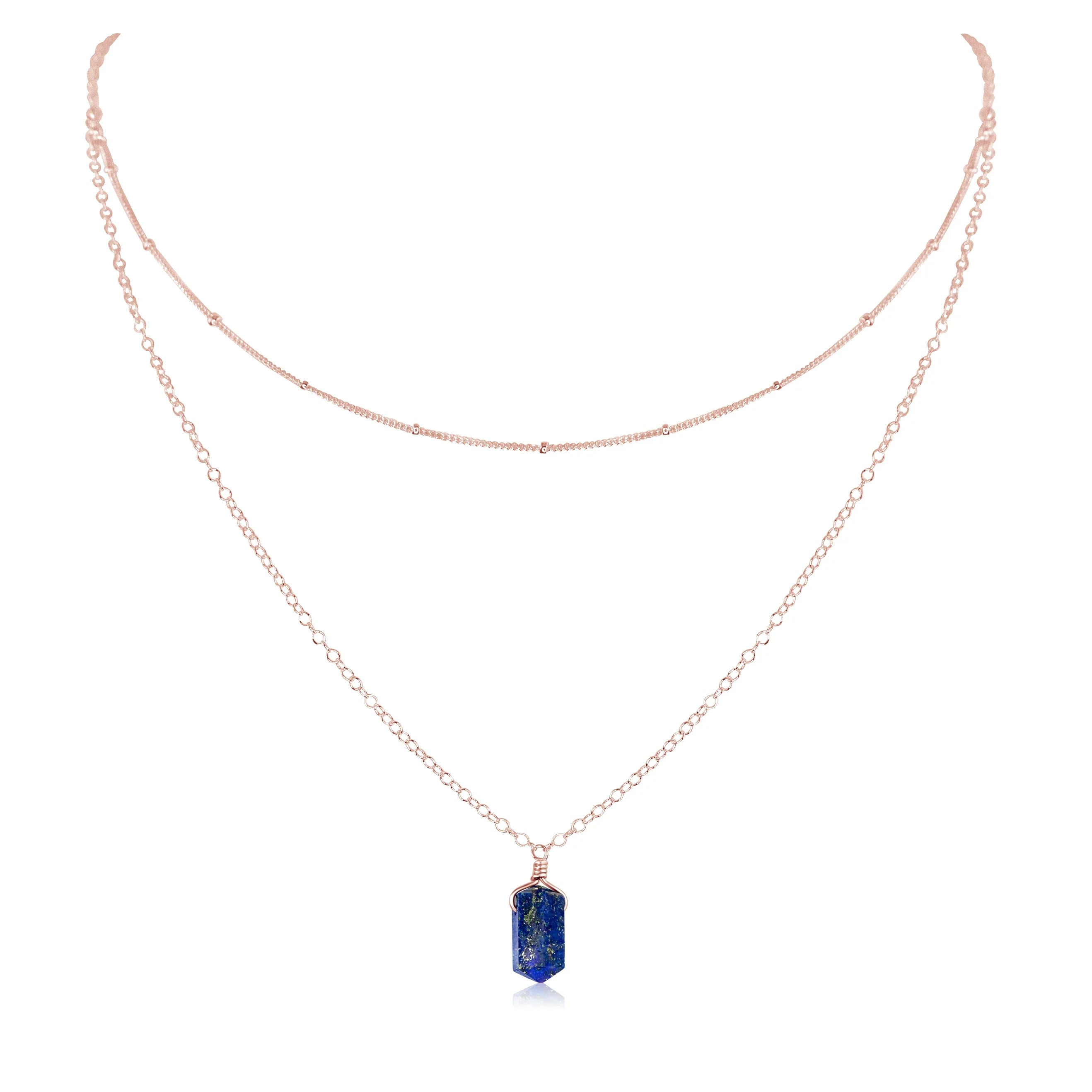 Lapis Lazuli Double Terminated Crystal Chain Layered Choker Necklace