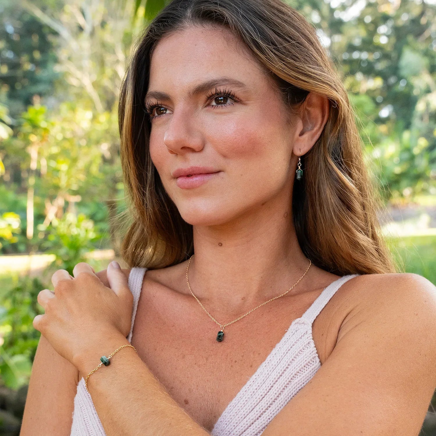 Emerald Mini Double Terminated Crystal Point Dangle Drop Earrings