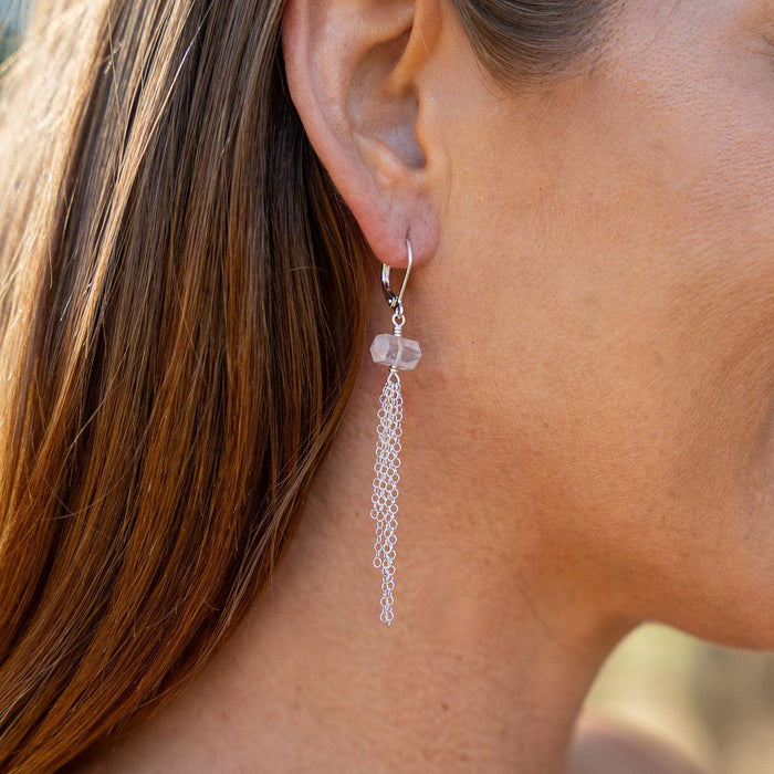 Rose Quartz Double Terminated Crystal Point Tassel Earrings - Rose Quartz Double Terminated Crystal Point Tassel Earrings - Sterling Silver - Luna Tide Handmade Crystal Jewellery