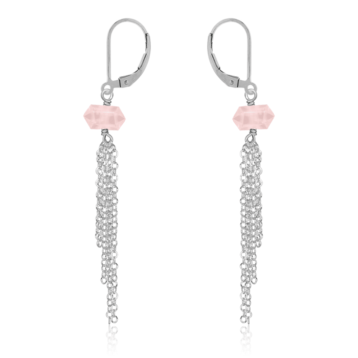 Rose Quartz Double Terminated Crystal Point Tassel Earrings - Rose Quartz Double Terminated Crystal Point Tassel Earrings - Sterling Silver - Luna Tide Handmade Crystal Jewellery