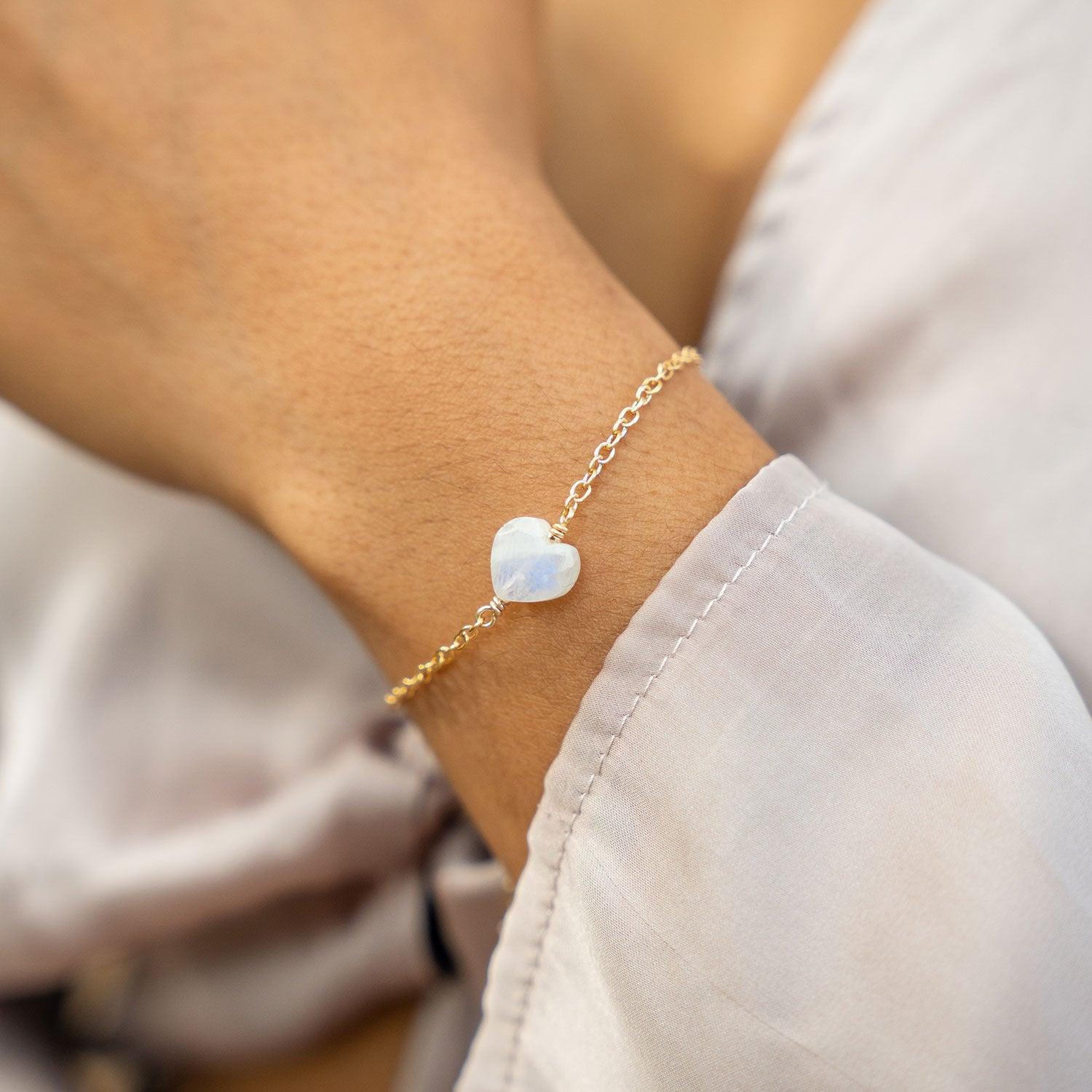 Rainbow Moonstone Crystal Heart Bracelet - Rainbow Moonstone Crystal Heart Bracelet - 14k Gold Fill - Luna Tide Handmade Crystal Jewellery