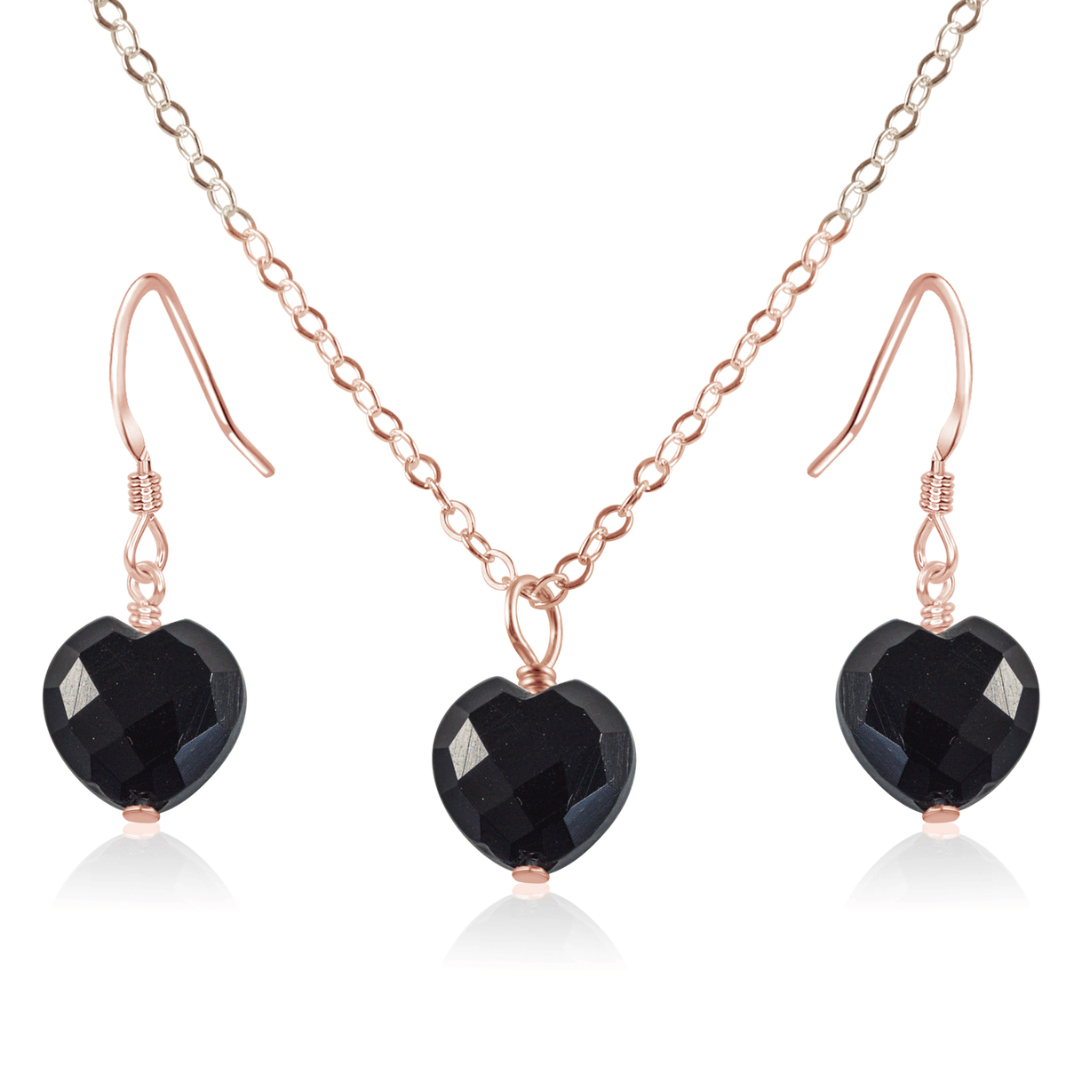 Black Onyx Crystal Heart Jewellery Set - Black Onyx Crystal Heart Jewellery Set - 14k Rose Gold Fill / Cable / Necklace & Earrings - Luna Tide Handmade Crystal Jewellery