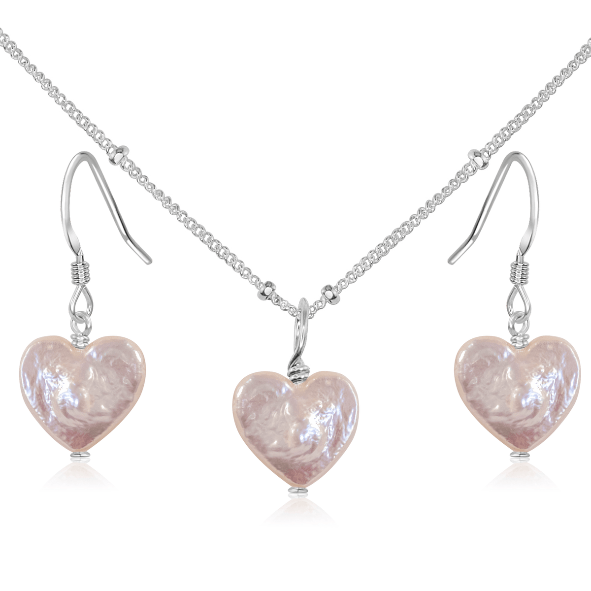 Freshwater Pearl Heart Jewellery Set - Freshwater Pearl Heart Jewellery Set - Sterling Silver / Satellite / Necklace & Earrings - Luna Tide Handmade Crystal Jewellery