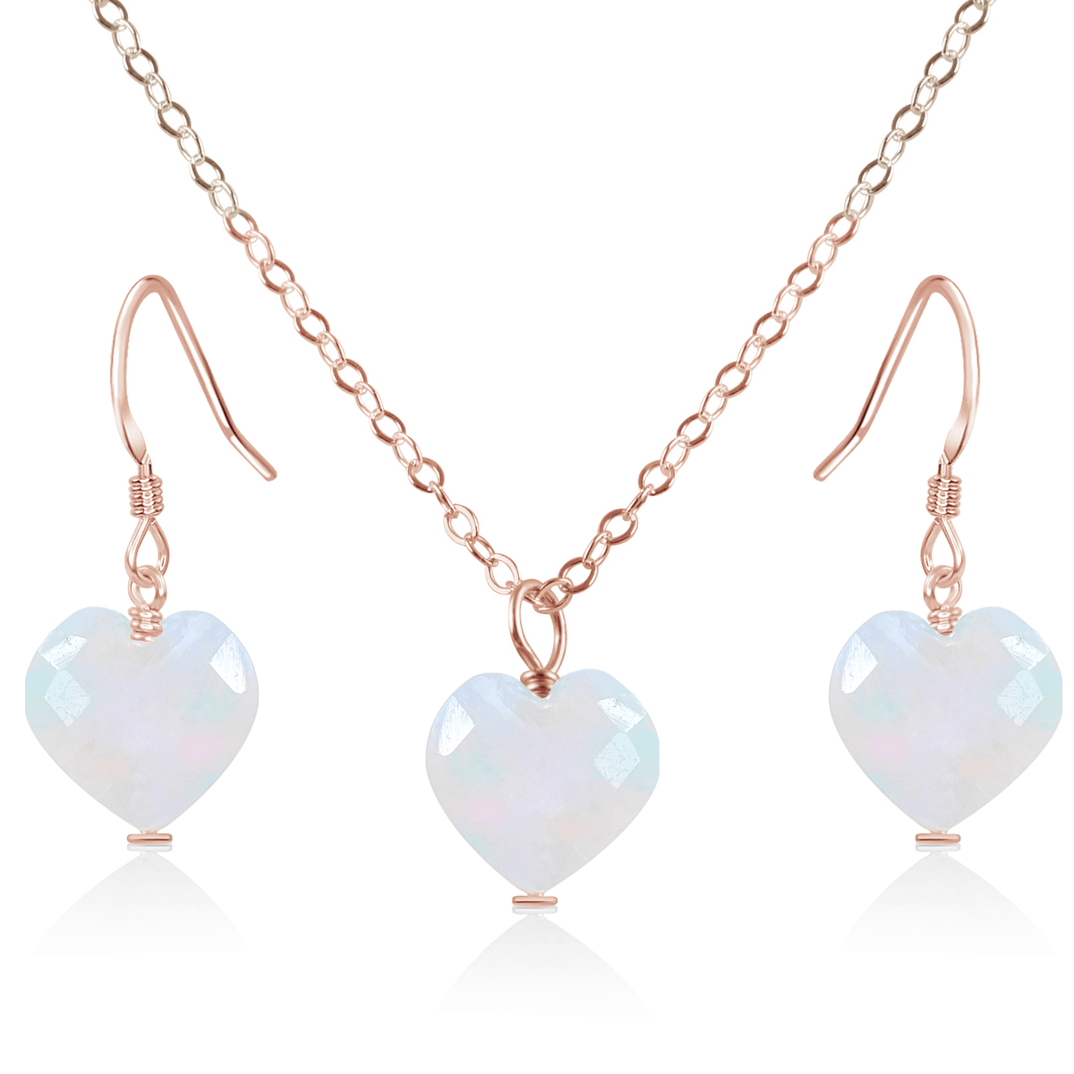 Rainbow Moonstone Crystal Heart Jewellery Set - Rainbow Moonstone Crystal Heart Jewellery Set - 14k Rose Gold Fill / Cable / Necklace & Earrings - Luna Tide Handmade Crystal Jewellery