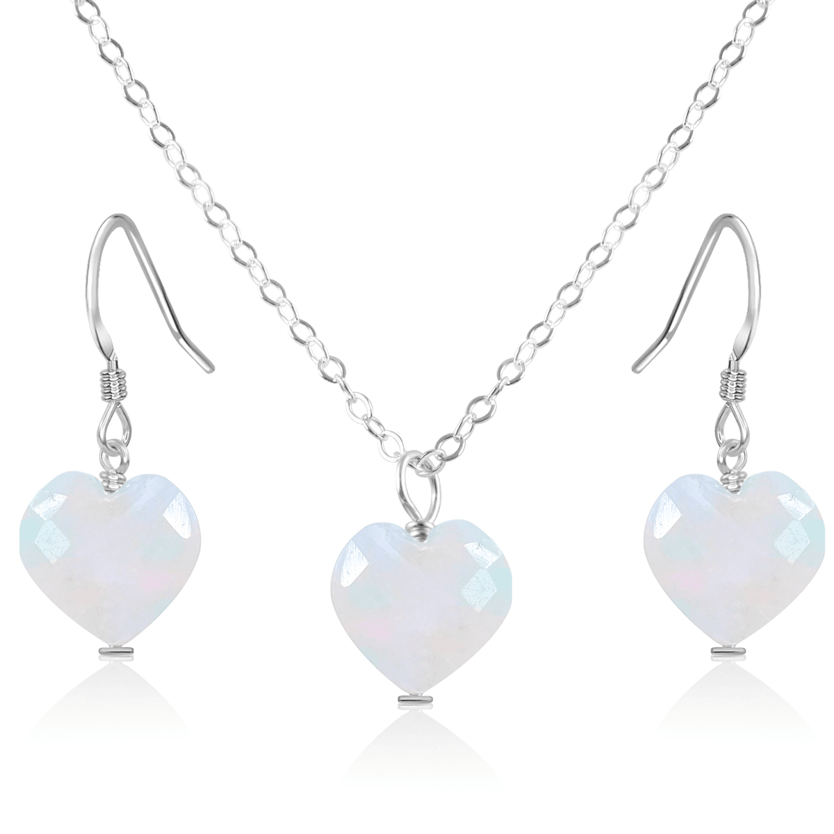 Rainbow Moonstone Crystal Heart Jewellery Set - Rainbow Moonstone Crystal Heart Jewellery Set - Sterling Silver / Cable / Necklace & Earrings - Luna Tide Handmade Crystal Jewellery