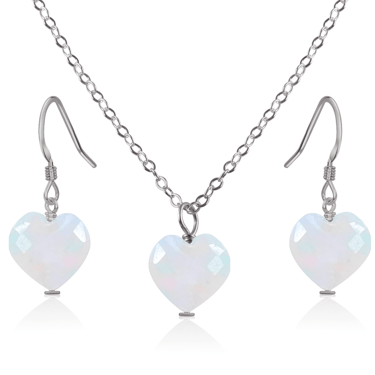 Rainbow Moonstone Crystal Heart Jewellery Set - Rainbow Moonstone Crystal Heart Jewellery Set - Stainless Steel / Cable / Necklace & Earrings - Luna Tide Handmade Crystal Jewellery