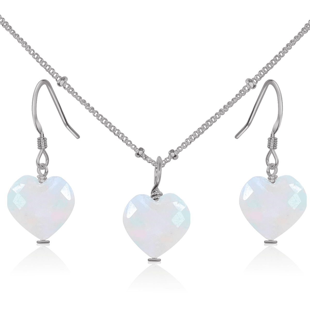 Rainbow Moonstone Crystal Heart Jewellery Set - Rainbow Moonstone Crystal Heart Jewellery Set - Stainless Steel / Satellite / Necklace & Earrings - Luna Tide Handmade Crystal Jewellery