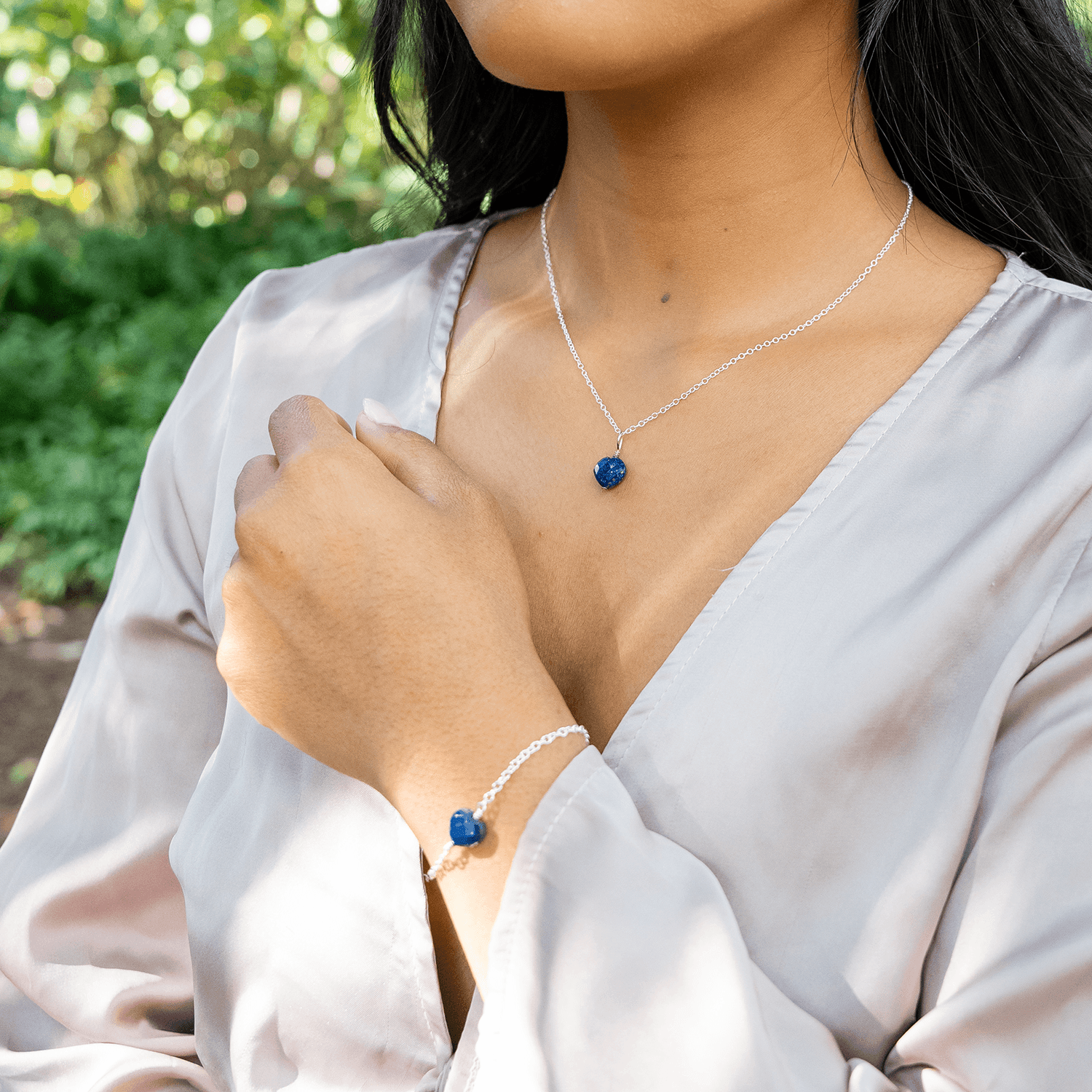 Lapis Lazuli Crystal Heart Jewellery Set - Lapis Lazuli Crystal Heart Jewellery Set - Sterling Silver / Cable / Necklace & Earrings & Bracelet - Luna Tide Handmade Crystal Jewellery