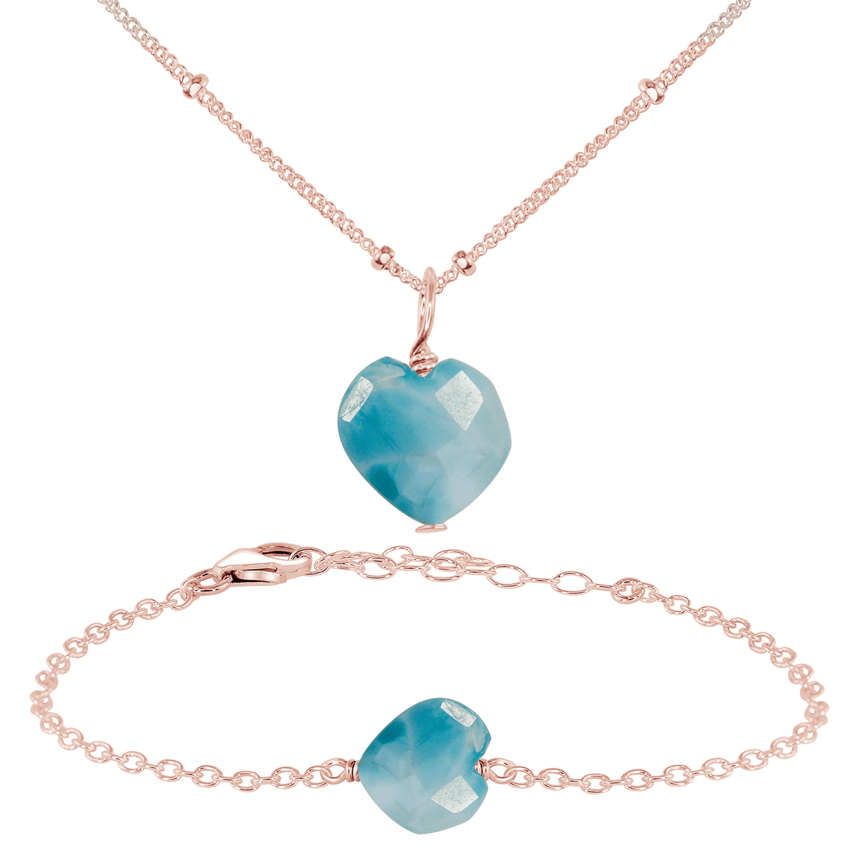 Larimar Crystal Heart Jewellery Set - Larimar Crystal Heart Jewellery Set - 14k Rose Gold Fill / Satellite / Necklace & Bracelet - Luna Tide Handmade Crystal Jewellery