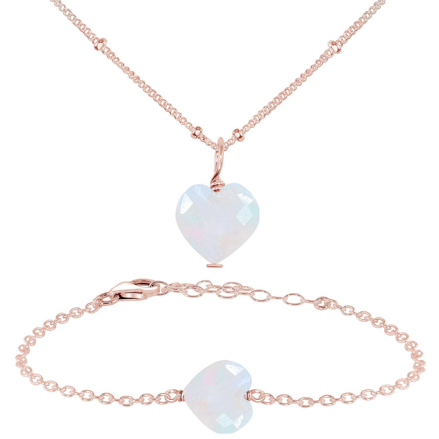 Rainbow Moonstone Crystal Heart Jewellery Set - Rainbow Moonstone Crystal Heart Jewellery Set - 14k Rose Gold Fill / Satellite / Necklace & Bracelet - Luna Tide Handmade Crystal Jewellery