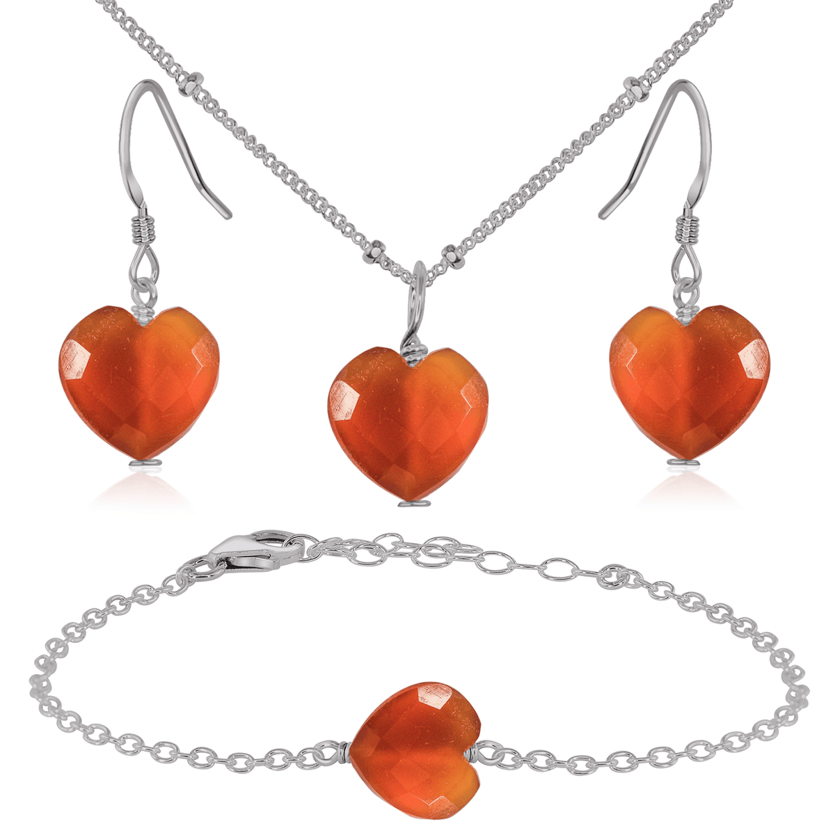 Carnelian Crystal Heart Jewellery Set - Carnelian Crystal Heart Jewellery Set - Stainless Steel / Satellite / Necklace & Earrings & Bracelet - Luna Tide Handmade Crystal Jewellery
