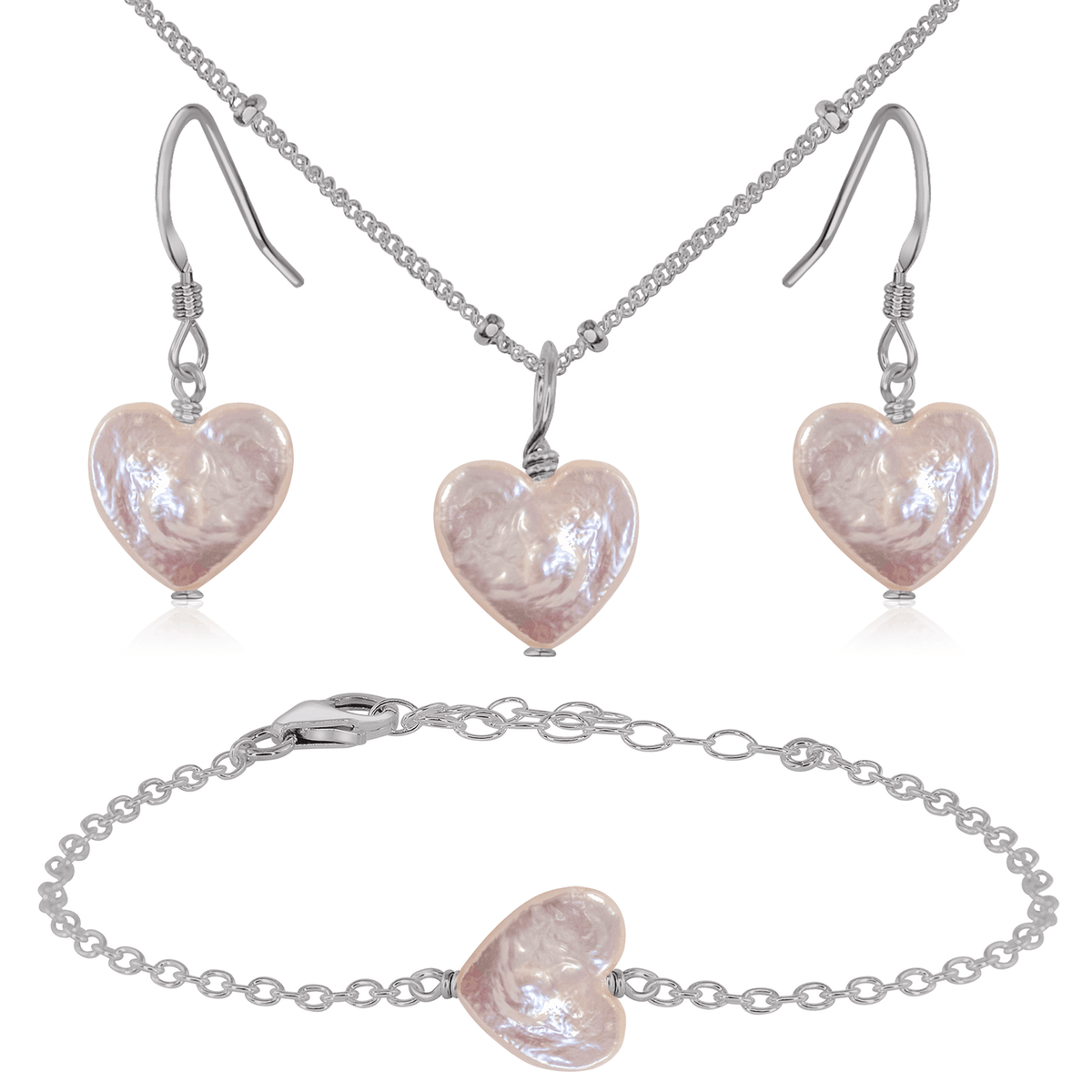 Freshwater Pearl Heart Jewellery Set - Freshwater Pearl Heart Jewellery Set - Stainless Steel / Satellite / Necklace & Earrings & Bracelet - Luna Tide Handmade Crystal Jewellery