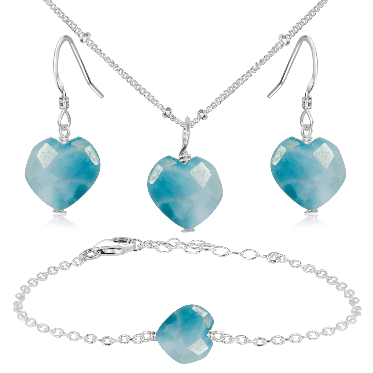 Larimar Crystal Heart Jewellery Set - Larimar Crystal Heart Jewellery Set - Sterling Silver / Satellite / Necklace & Earrings & Bracelet - Luna Tide Handmade Crystal Jewellery