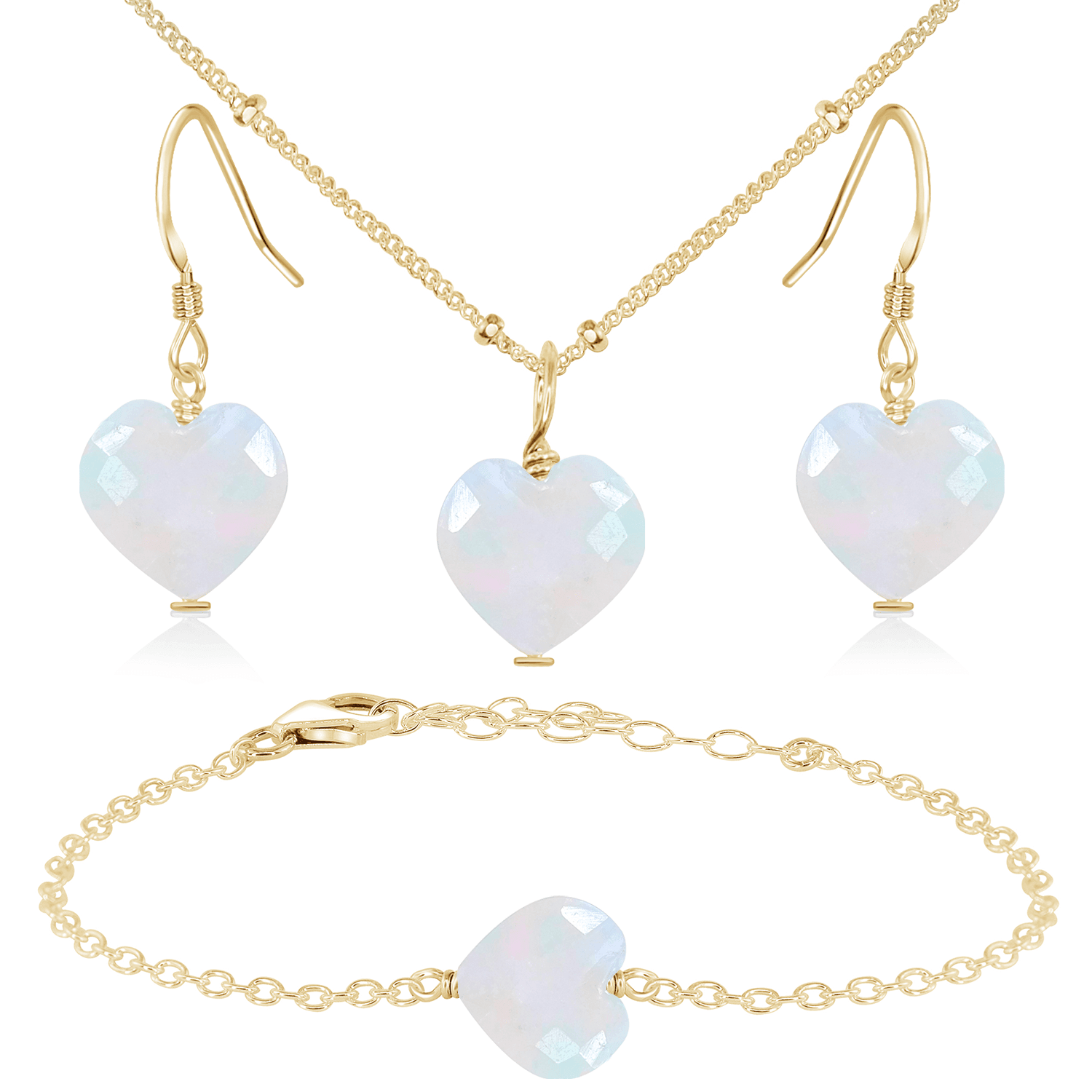 Rainbow Moonstone Crystal Heart Jewellery Set - Rainbow Moonstone Crystal Heart Jewellery Set - 14k Gold Fill / Satellite / Necklace & Earrings & Bracelet - Luna Tide Handmade Crystal Jewellery