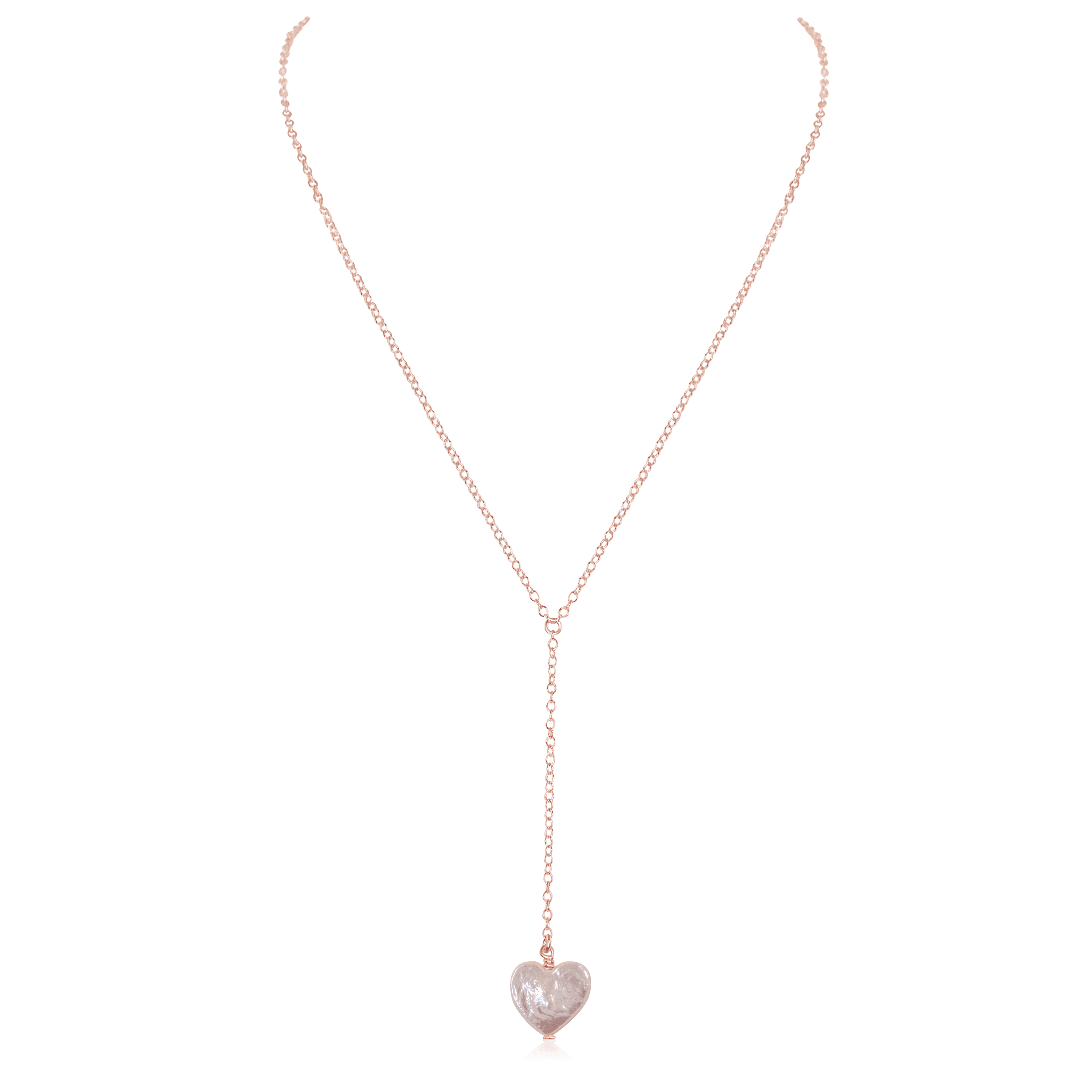Freshwater Pearl Heart Lariat Necklace - Freshwater Pearl Heart Lariat Necklace - 14k Rose Gold Fill - Luna Tide Handmade Crystal Jewellery