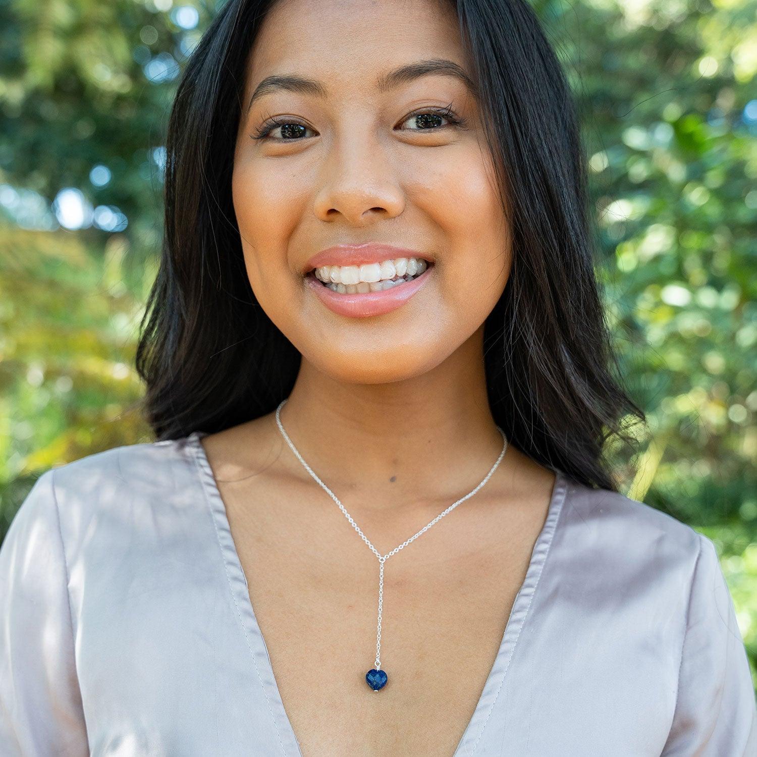 Lapis Lazuli Crystal Heart Lariat Necklace - Lapis Lazuli Crystal Heart Lariat Necklace - Sterling Silver - Luna Tide Handmade Crystal Jewellery