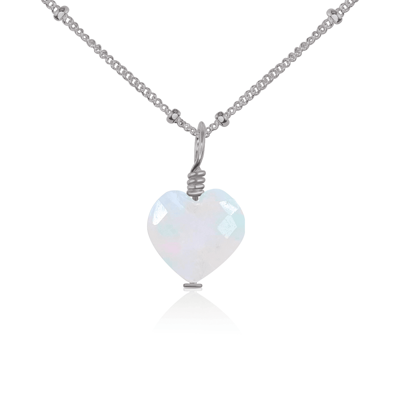 Rainbow Moonstone Crystal Heart Pendant Necklace - Rainbow Moonstone Crystal Heart Pendant Necklace - Stainless Steel / Satellite - Luna Tide Handmade Crystal Jewellery