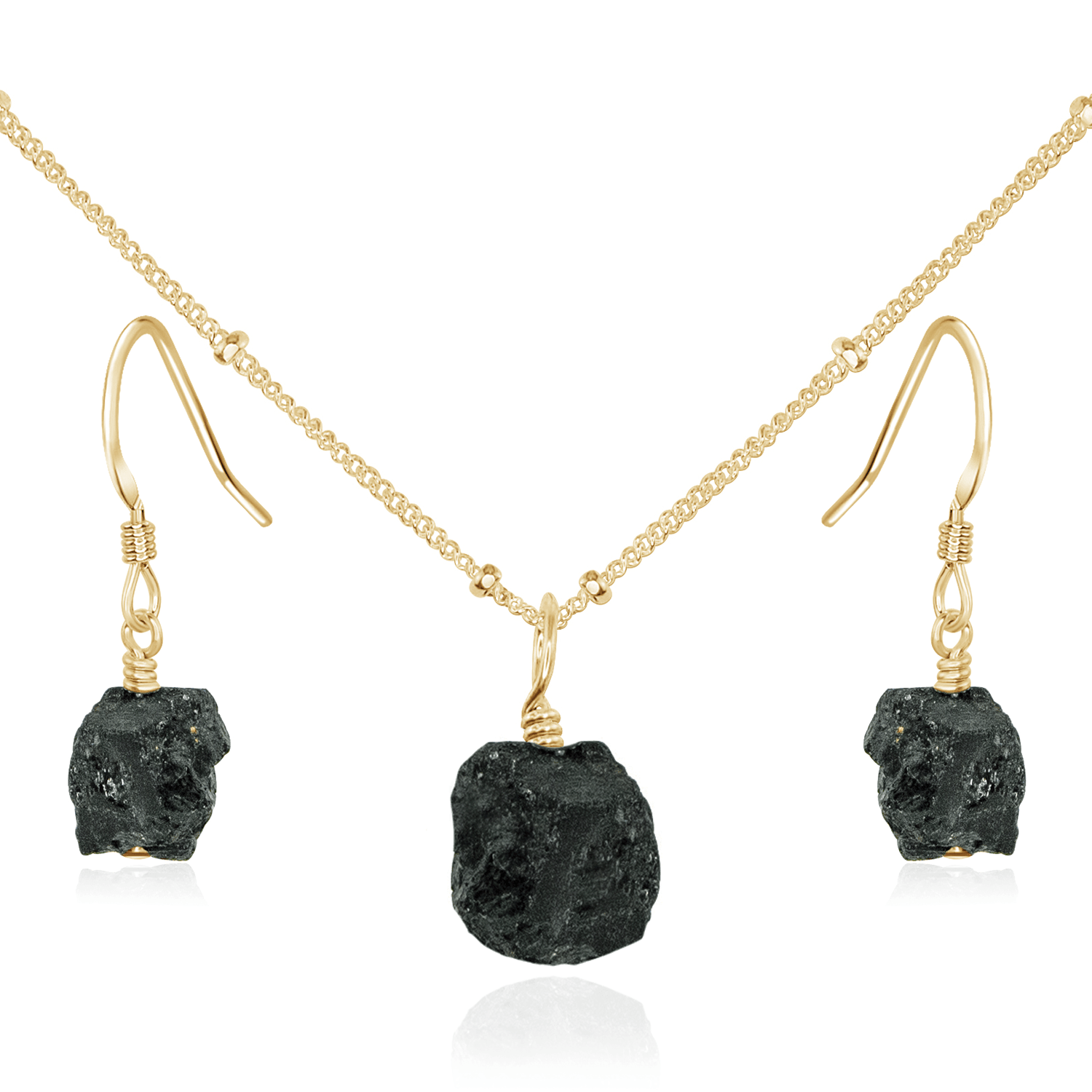 Raw Black Tourmaline Crystal Earrings & Necklace Set - Raw Black Tourmaline Crystal Earrings & Necklace Set - 14k Gold Fill / Satellite - Luna Tide Handmade Crystal Jewellery
