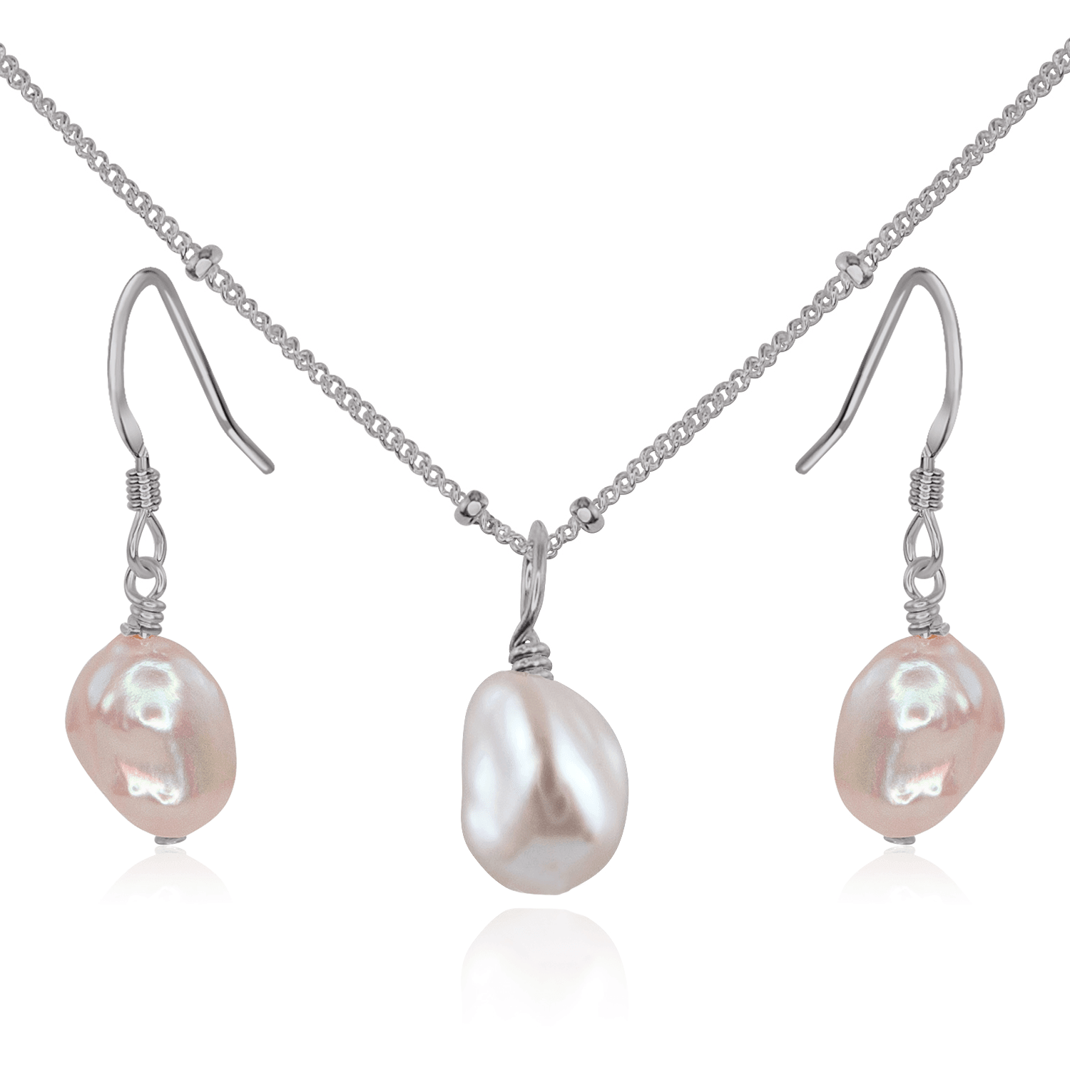 Raw Freshwater Pearl Crystal Earrings & Necklace Set - Raw Freshwater Pearl Crystal Earrings & Necklace Set - Stainless Steel / Satellite - Luna Tide Handmade Crystal Jewellery