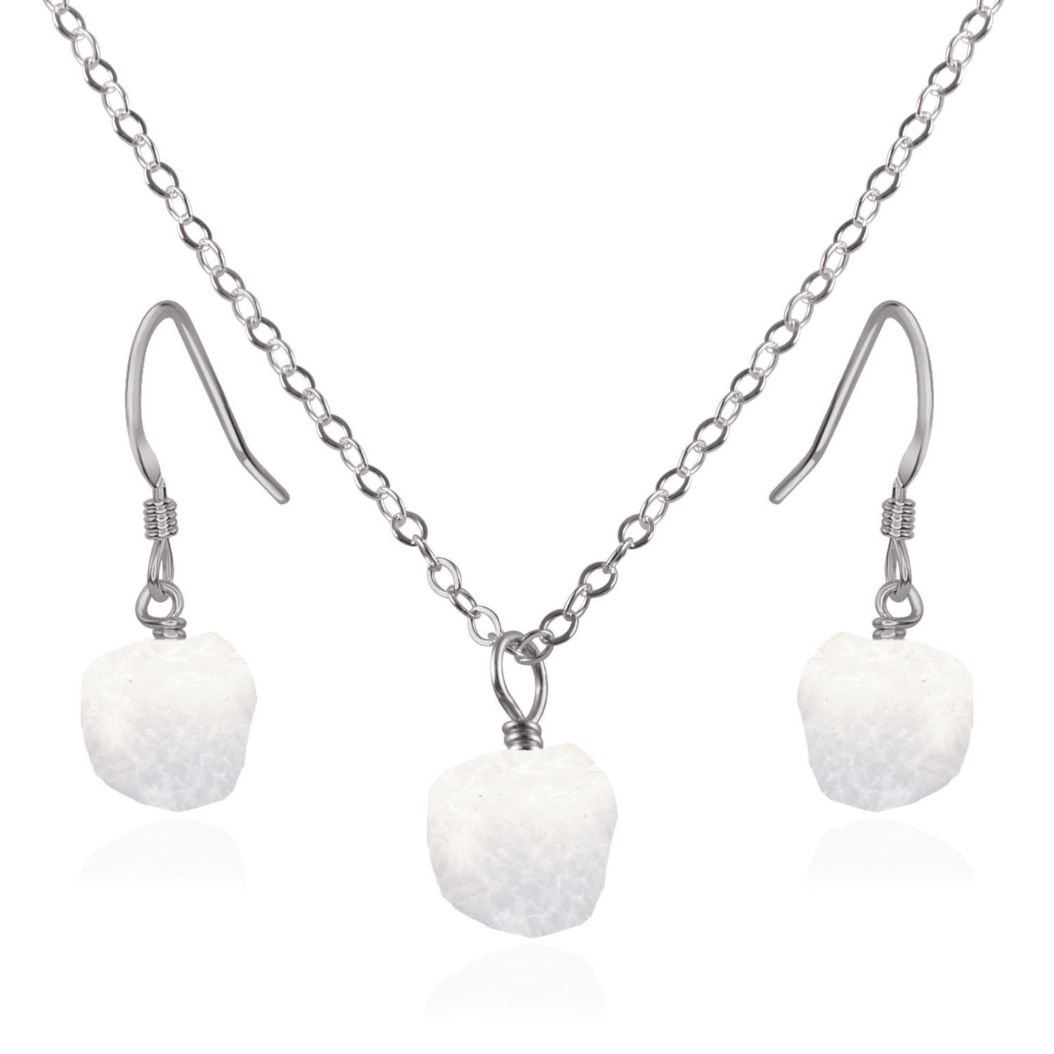 Raw Rainbow Moonstone Crystal Earrings & Necklace Set - Raw Rainbow Moonstone Crystal Earrings & Necklace Set - Stainless Steel / Cable - Luna Tide Handmade Crystal Jewellery