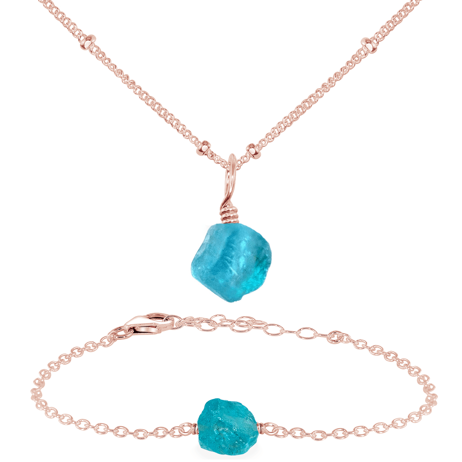 Raw Apatite Crystal Jewellery Set - Raw Apatite Crystal Jewellery Set - 14k Rose Gold Fill / Satellite / Necklace & Bracelet - Luna Tide Handmade Crystal Jewellery