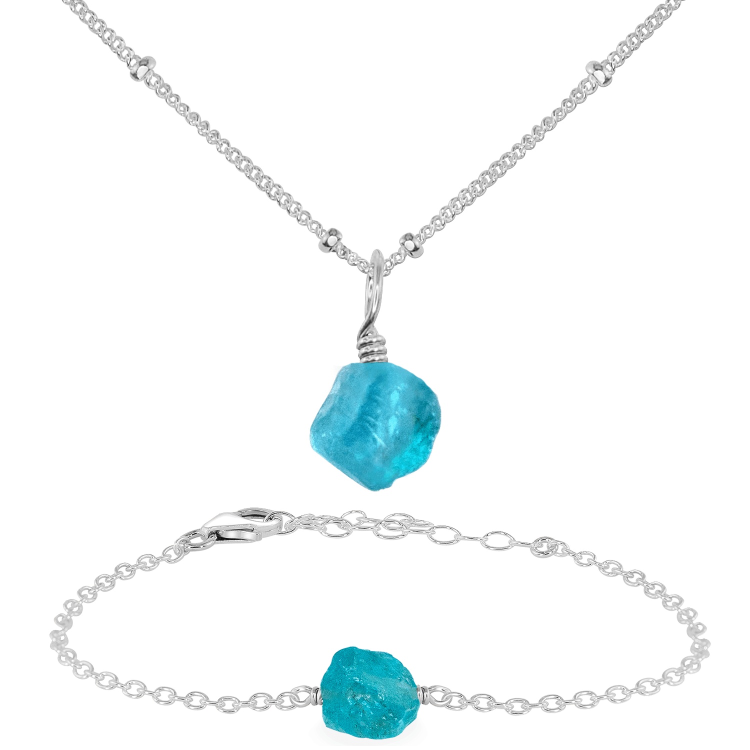 Raw Apatite Crystal Jewellery Set - Raw Apatite Crystal Jewellery Set - Sterling Silver / Satellite / Necklace & Bracelet - Luna Tide Handmade Crystal Jewellery