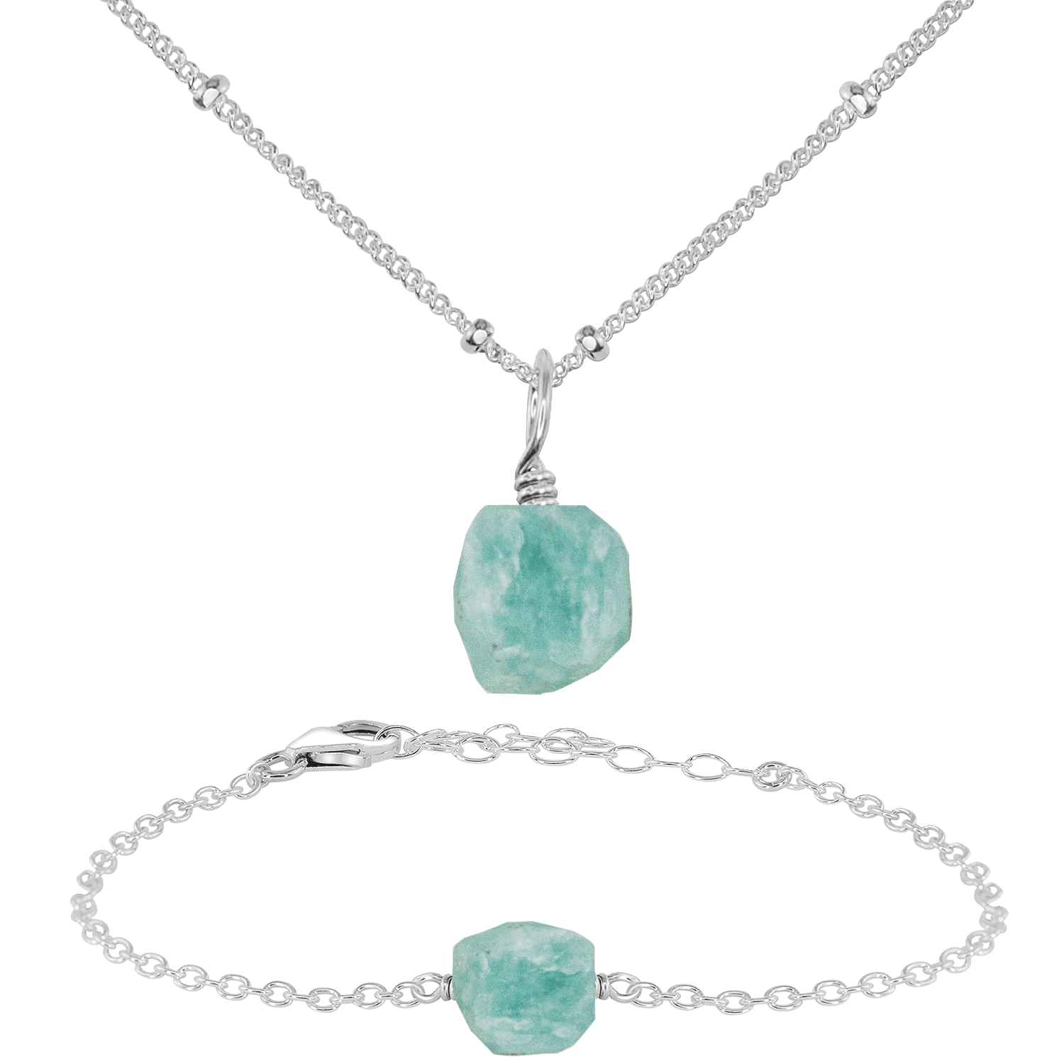 Raw Amazonite Crystal Jewellery Set - Raw Amazonite Crystal Jewellery Set - 14k Gold Fill / Cable / Necklace & Earrings & Bracelet - Luna Tide Handmade Crystal Jewellery