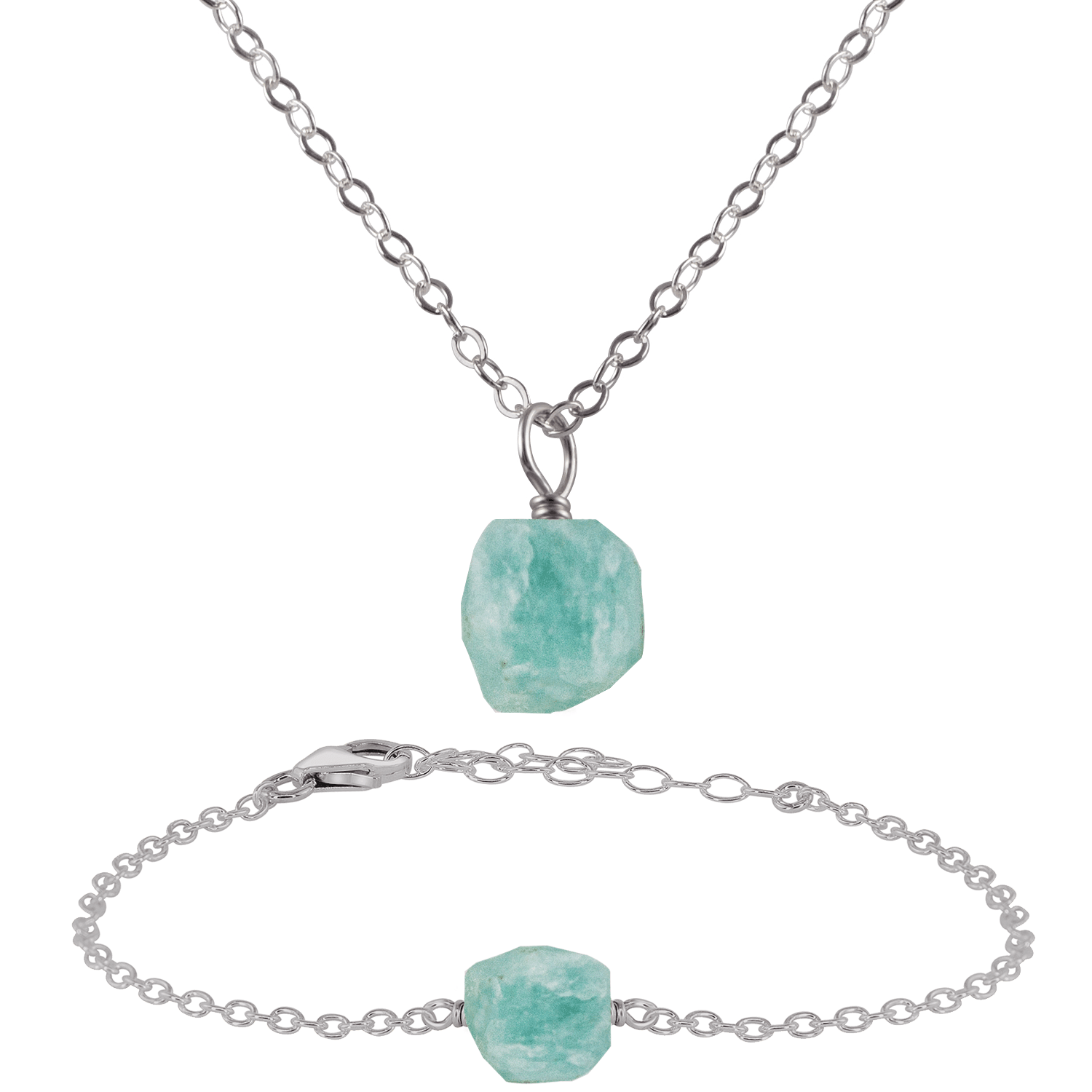 Raw Amazonite Crystal Jewellery Set - Raw Amazonite Crystal Jewellery Set - Sterling Silver / Satellite / Necklace & Bracelet - Luna Tide Handmade Crystal Jewellery