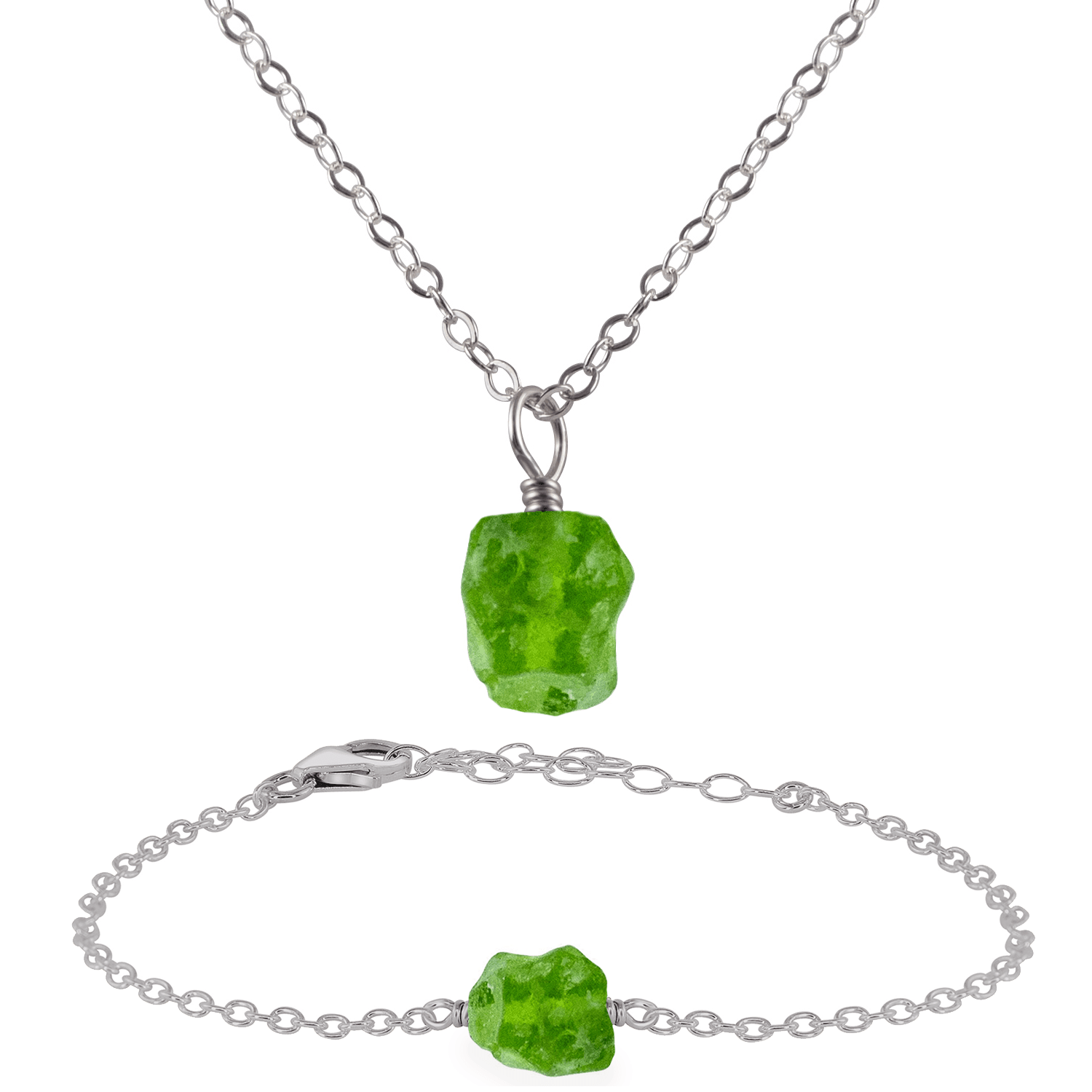 Raw Peridot Crystal Jewellery Set - Raw Peridot Crystal Jewellery Set - Stainless Steel / Cable / Necklace & Bracelet - Luna Tide Handmade Crystal Jewellery