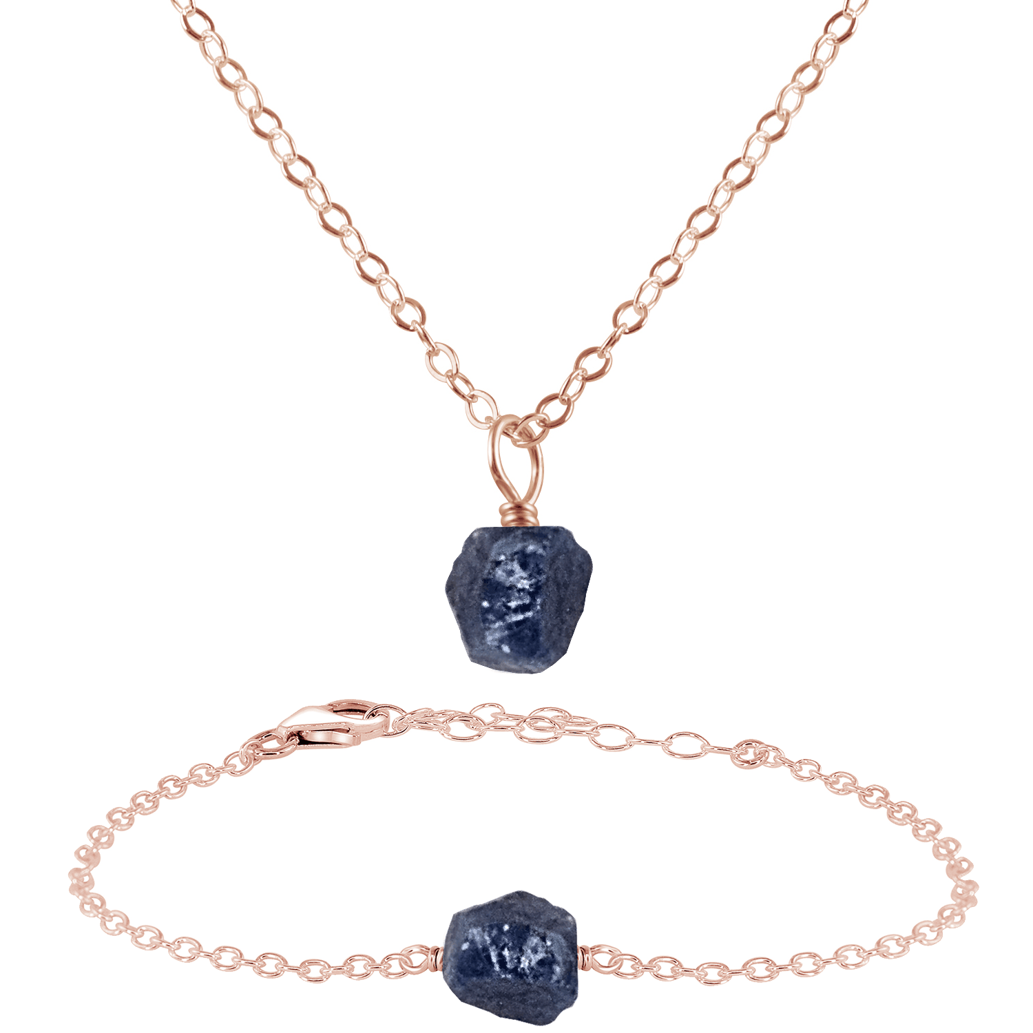 Raw Sapphire Crystal Jewellery Set - Raw Sapphire Crystal Jewellery Set - 14k Rose Gold Fill / Cable / Necklace & Bracelet - Luna Tide Handmade Crystal Jewellery