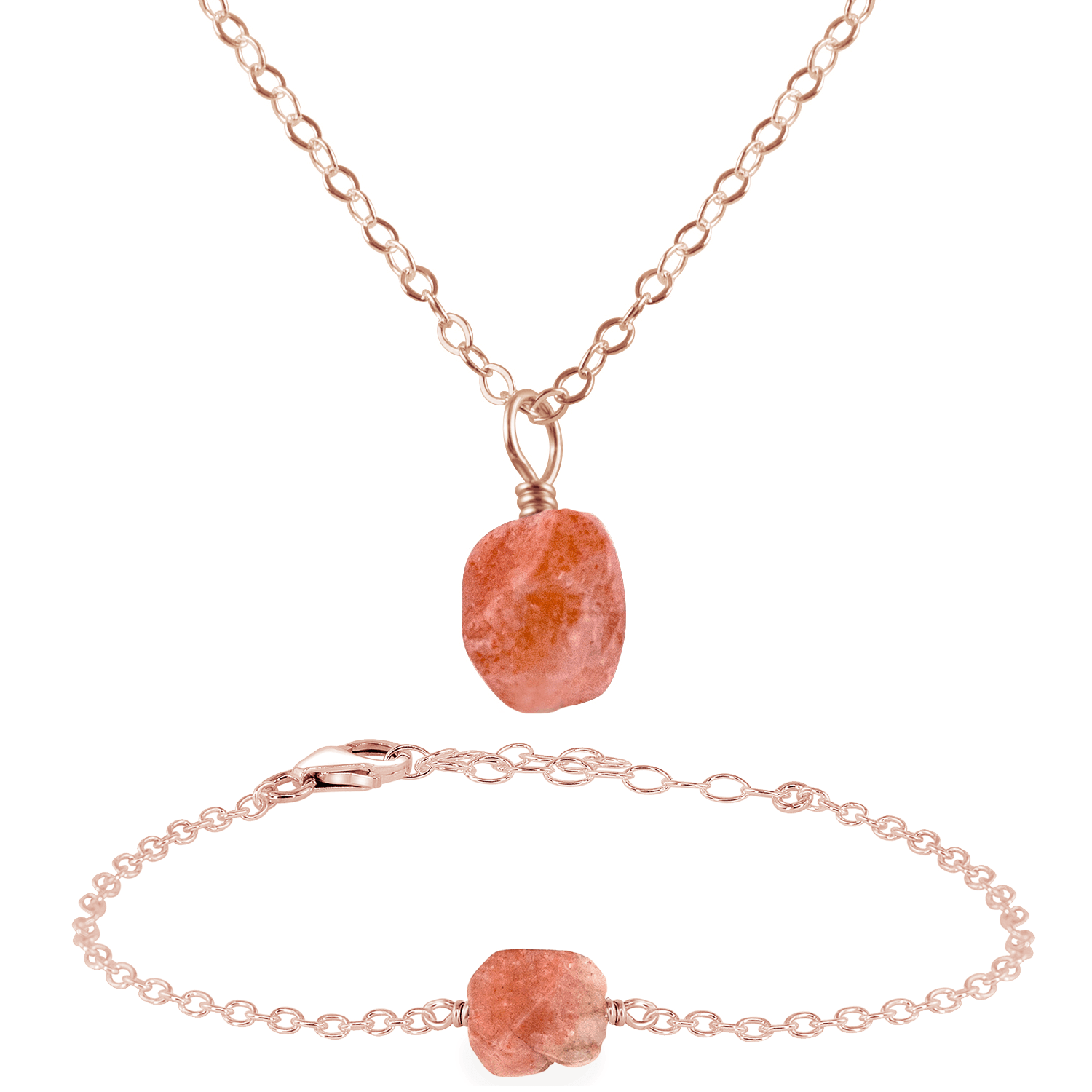 Raw Sunstone Crystal Jewellery Set - Raw Sunstone Crystal Jewellery Set - 14k Rose Gold Fill / Cable / Necklace & Bracelet - Luna Tide Handmade Crystal Jewellery