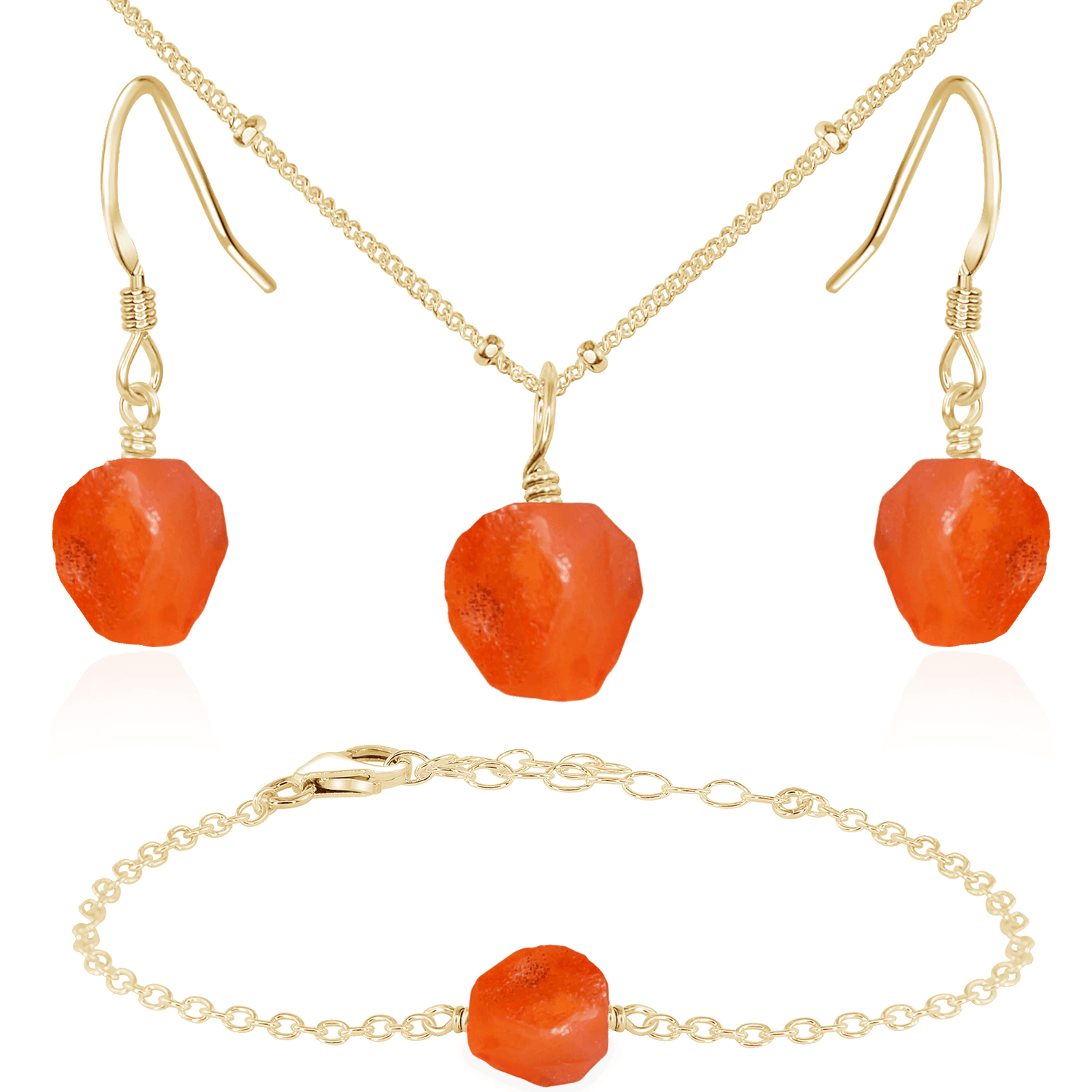 Raw Carnelian Crystal Jewellery Set - Raw Carnelian Crystal Jewellery Set - 14k Gold Fill / Satellite / Necklace & Earrings & Bracelet - Luna Tide Handmade Crystal Jewellery