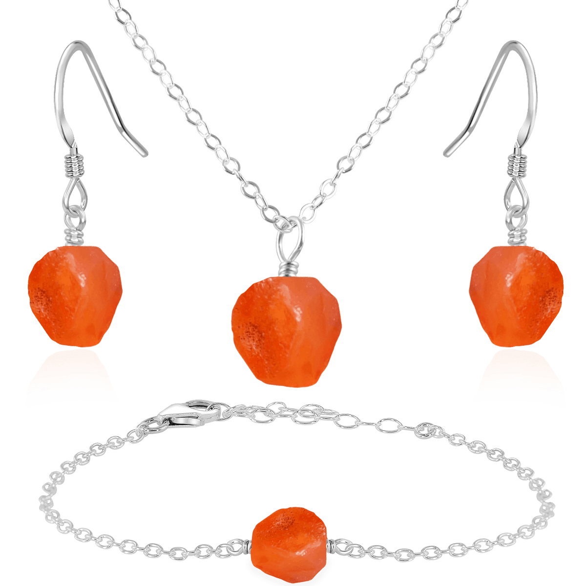 Raw Carnelian Crystal Jewellery Set - Raw Carnelian Crystal Jewellery Set - Sterling Silver / Cable / Necklace & Earrings & Bracelet - Luna Tide Handmade Crystal Jewellery