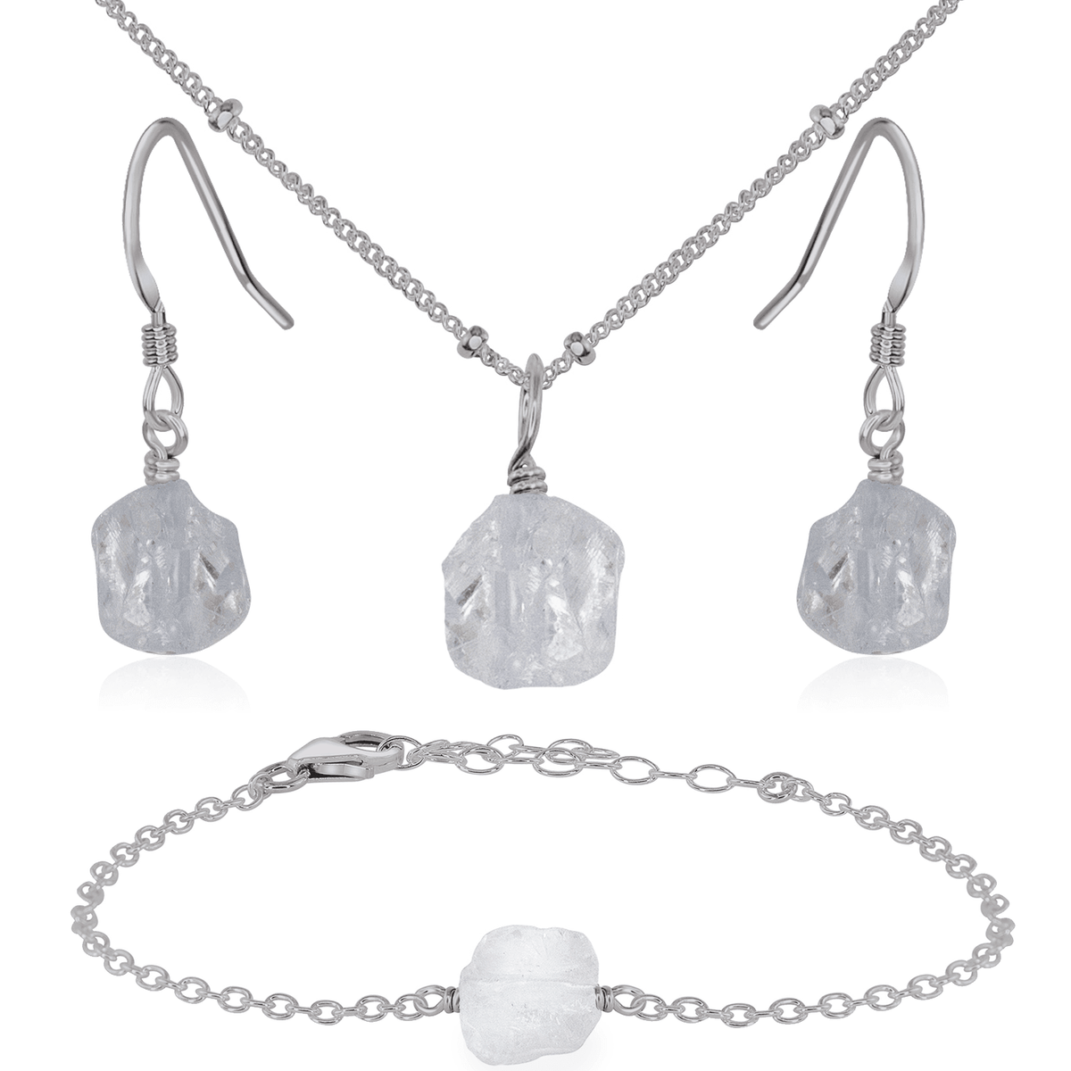 Raw Crystal Quartz Jewellery Set - Raw Crystal Quartz Jewellery Set - Stainless Steel / Satellite / Necklace & Earrings & Bracelet - Luna Tide Handmade Crystal Jewellery