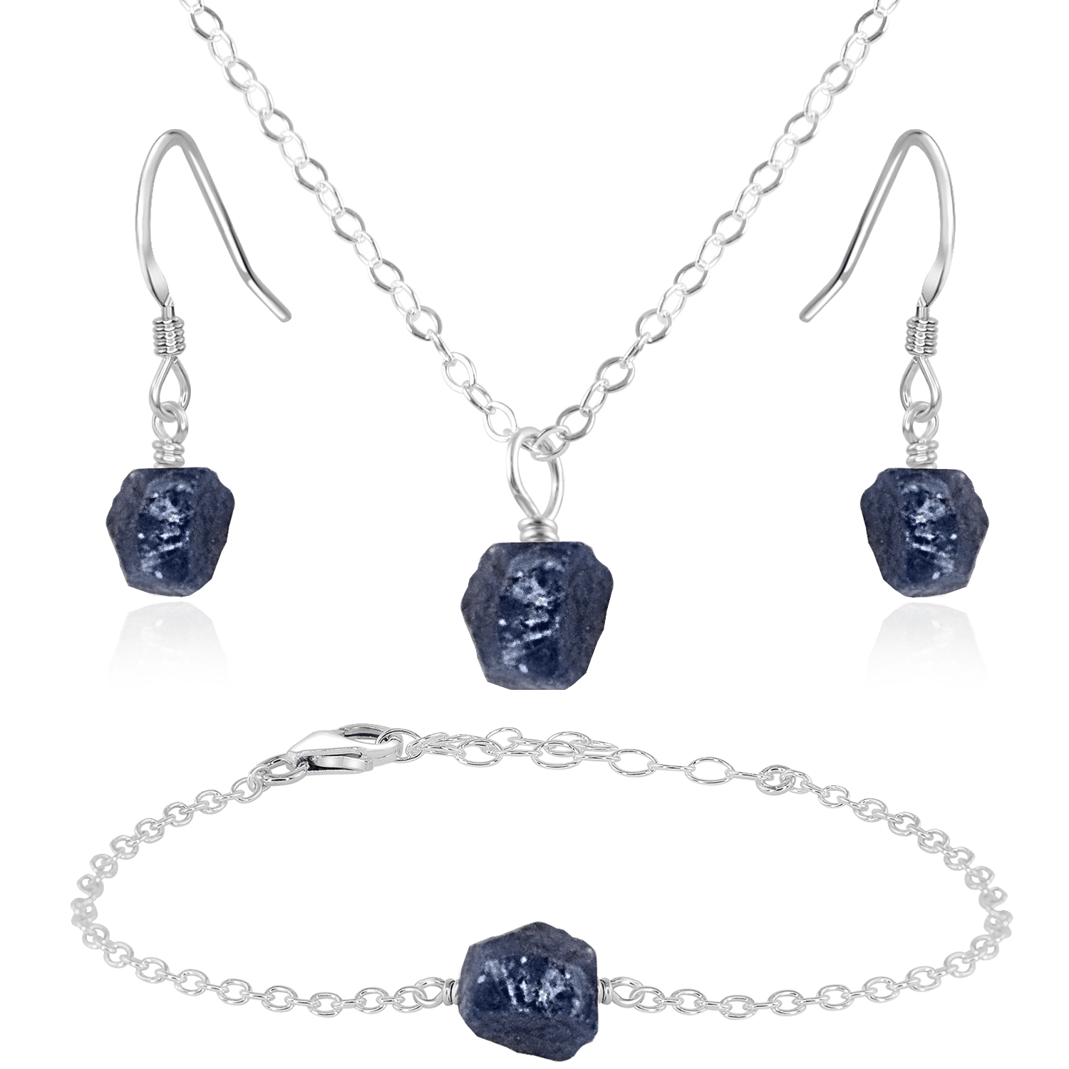 Raw Sapphire Crystal Jewellery Set - Raw Sapphire Crystal Jewellery Set - Sterling Silver / Cable / Necklace & Earrings & Bracelet - Luna Tide Handmade Crystal Jewellery