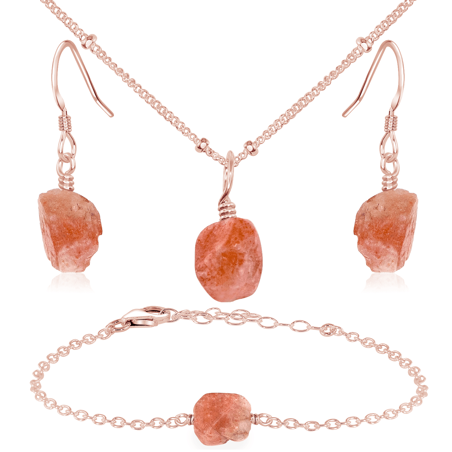Raw Sunstone Crystal Jewellery Set - Raw Sunstone Crystal Jewellery Set - 14k Rose Gold Fill / Satellite / Necklace & Earrings & Bracelet - Luna Tide Handmade Crystal Jewellery