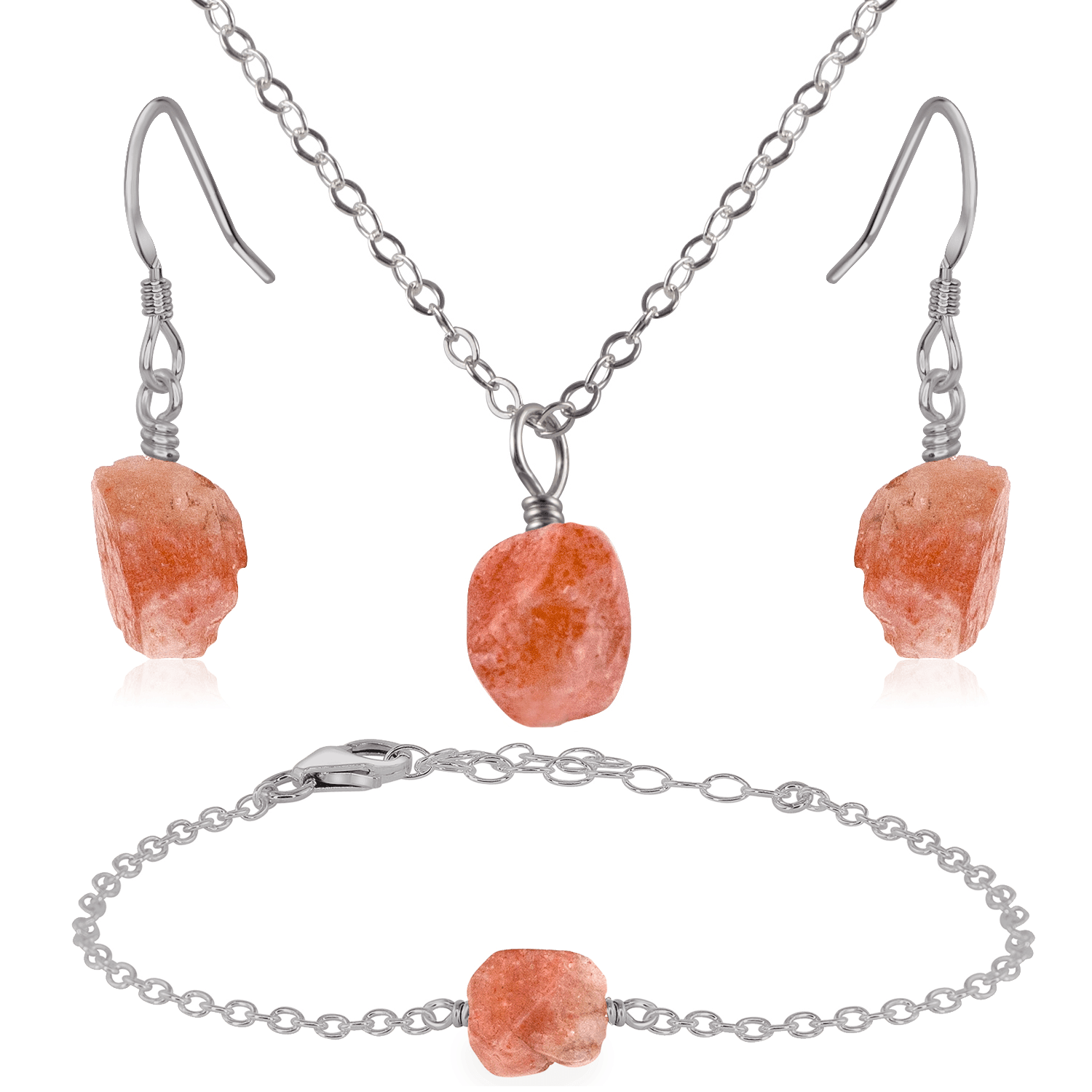 Raw Sunstone Crystal Jewellery Set - Raw Sunstone Crystal Jewellery Set - Stainless Steel / Cable / Necklace & Earrings & Bracelet - Luna Tide Handmade Crystal Jewellery