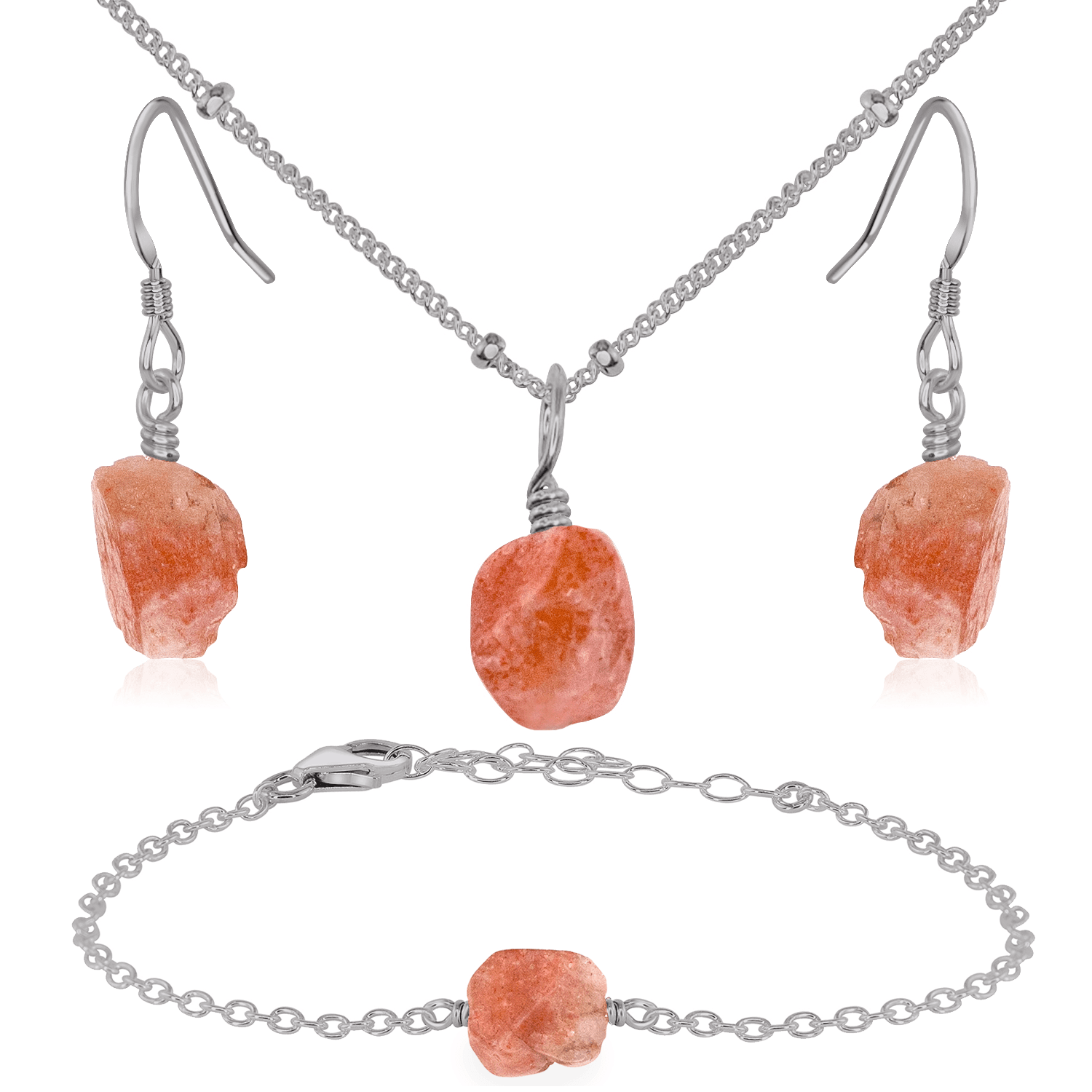 Raw Sunstone Crystal Jewellery Set - Raw Sunstone Crystal Jewellery Set - Stainless Steel / Satellite / Necklace & Earrings & Bracelet - Luna Tide Handmade Crystal Jewellery