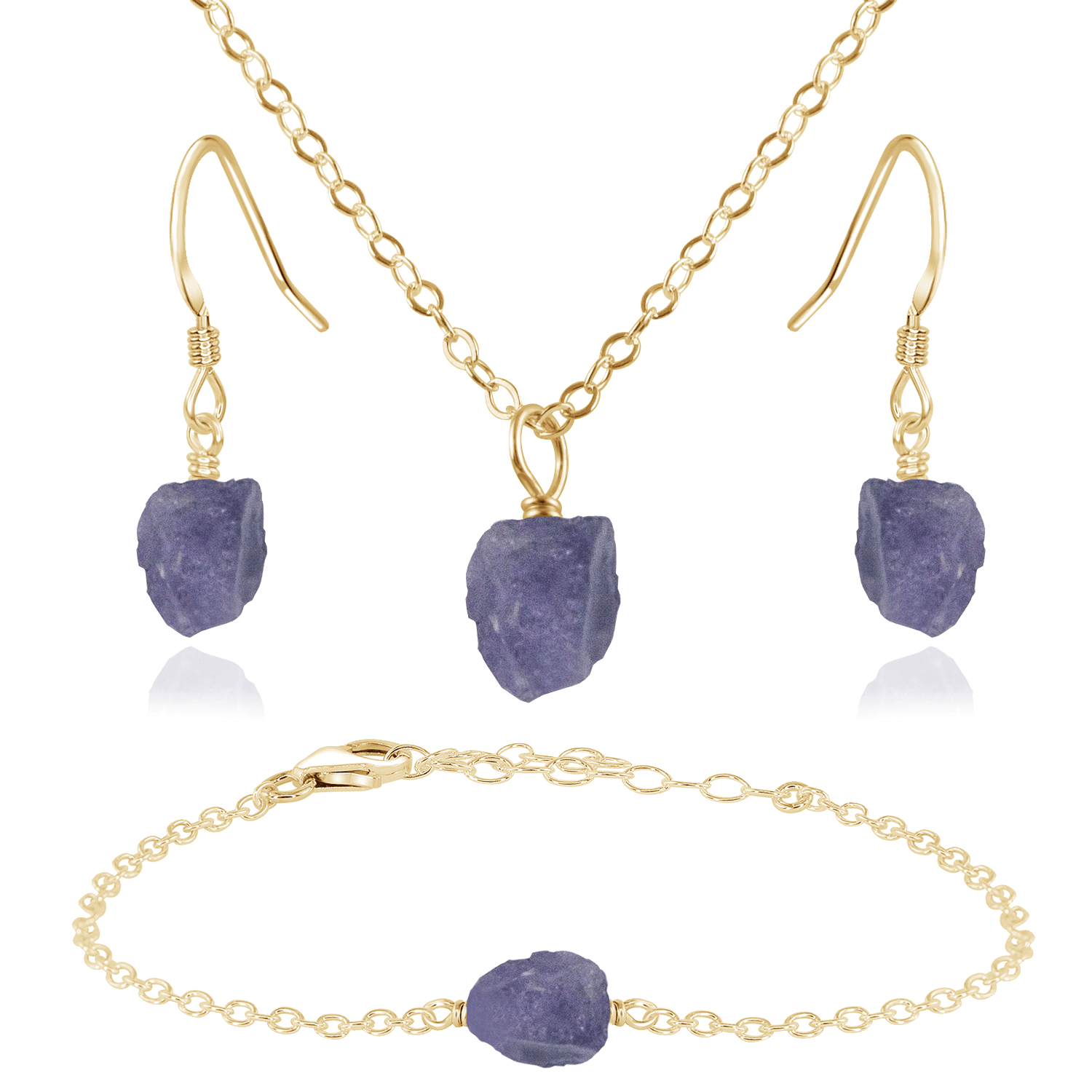 Raw Tanzanite Crystal Jewellery Set - Raw Tanzanite Crystal Jewellery Set - 14k Gold Fill / Cable / Necklace & Earrings & Bracelet - Luna Tide Handmade Crystal Jewellery