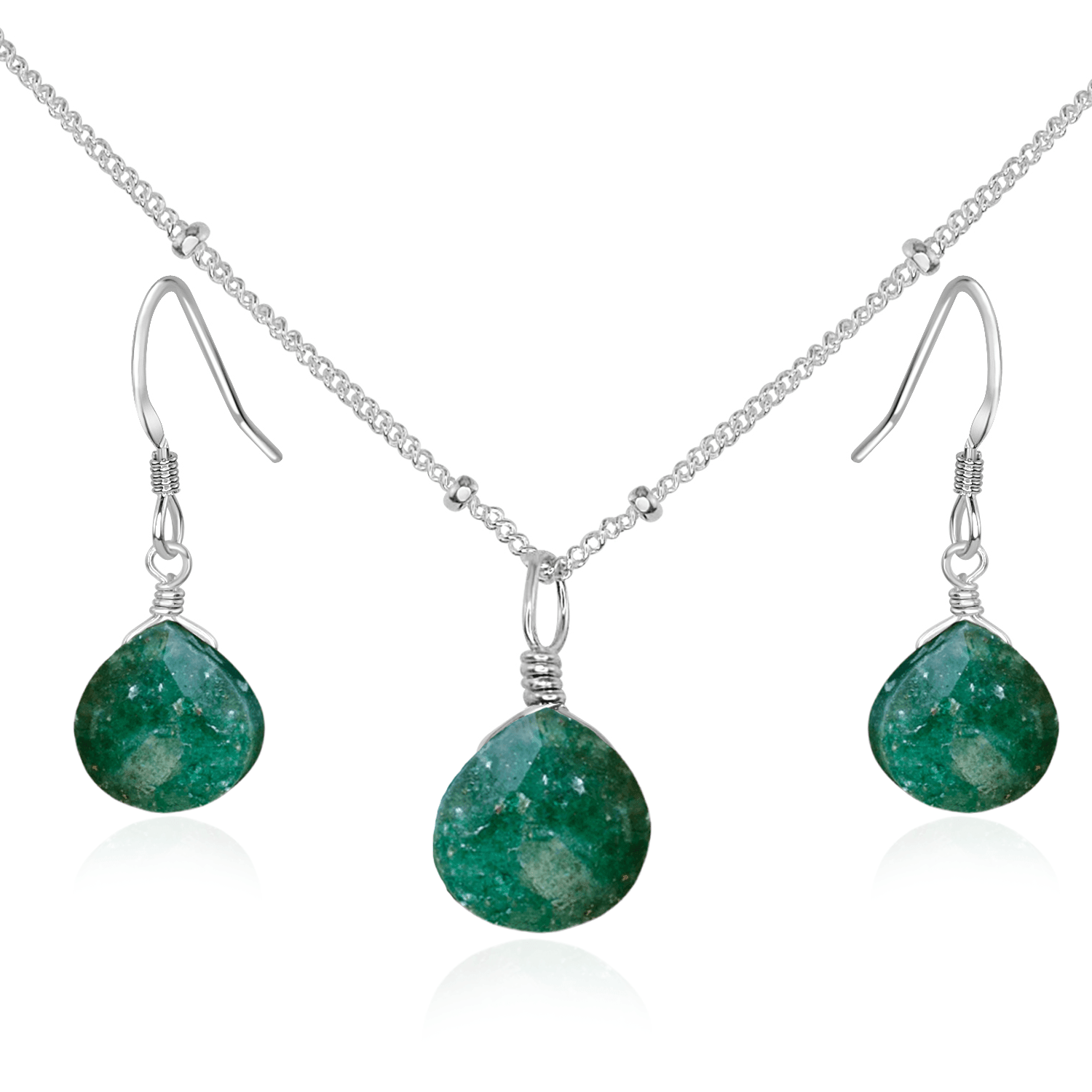 Aventurine Tiny Teardrop Earrings & Necklace Set - Aventurine Tiny Teardrop Earrings & Necklace Set - Sterling Silver / Satellite - Luna Tide Handmade Crystal Jewellery