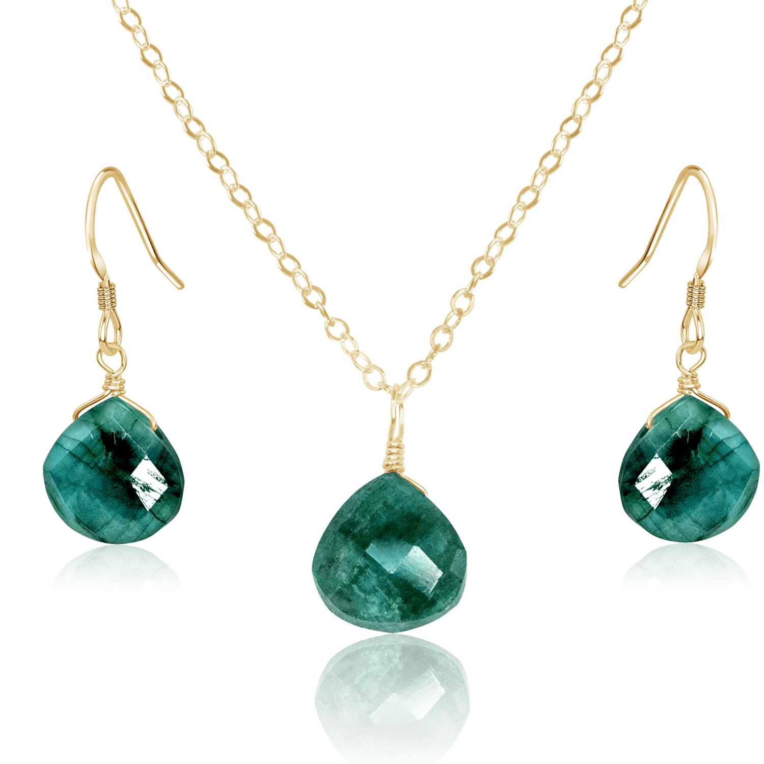 Emerald Tiny Teardrop Earrings & Necklace Set - Emerald Tiny Teardrop Earrings & Necklace Set - 14k Gold Fill / Cable - Luna Tide Handmade Crystal Jewellery