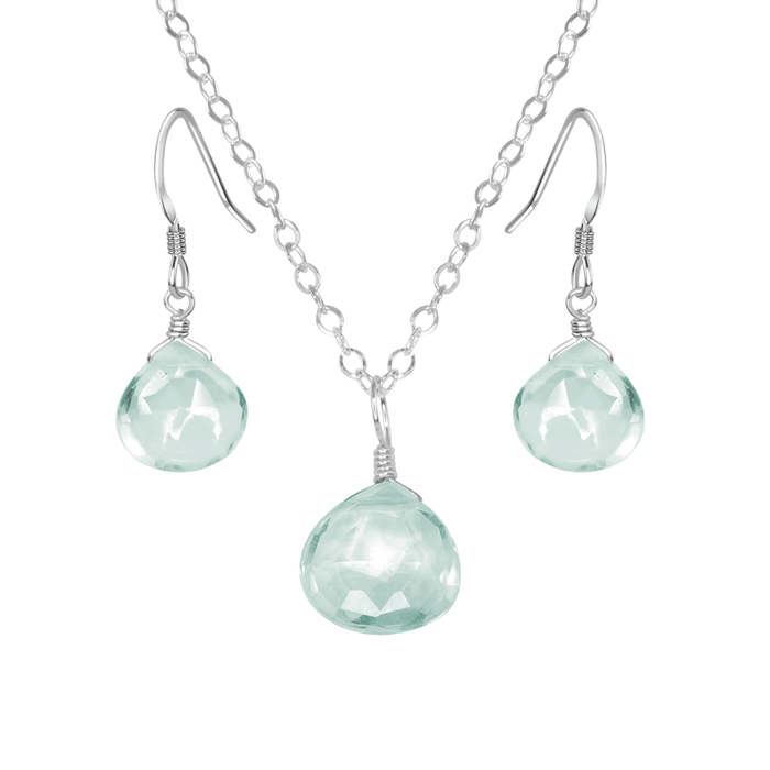 Aquamarine Tiny Teardrop Earrings & Necklace Set - Aquamarine Tiny Teardrop Earrings & Necklace Set - Sterling Silver / Cable - Luna Tide Handmade Crystal Jewellery