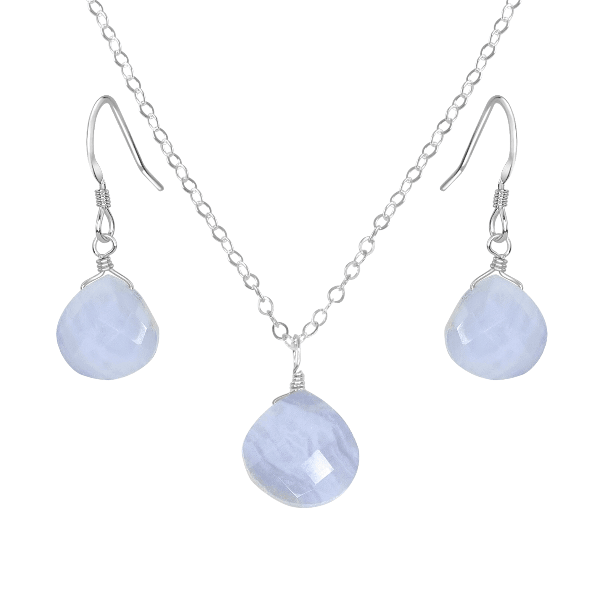 Blue Lace Agate Tiny Teardrop Earrings & Necklace Set - Blue Lace Agate Tiny Teardrop Earrings & Necklace Set - Sterling Silver / Cable - Luna Tide Handmade Crystal Jewellery