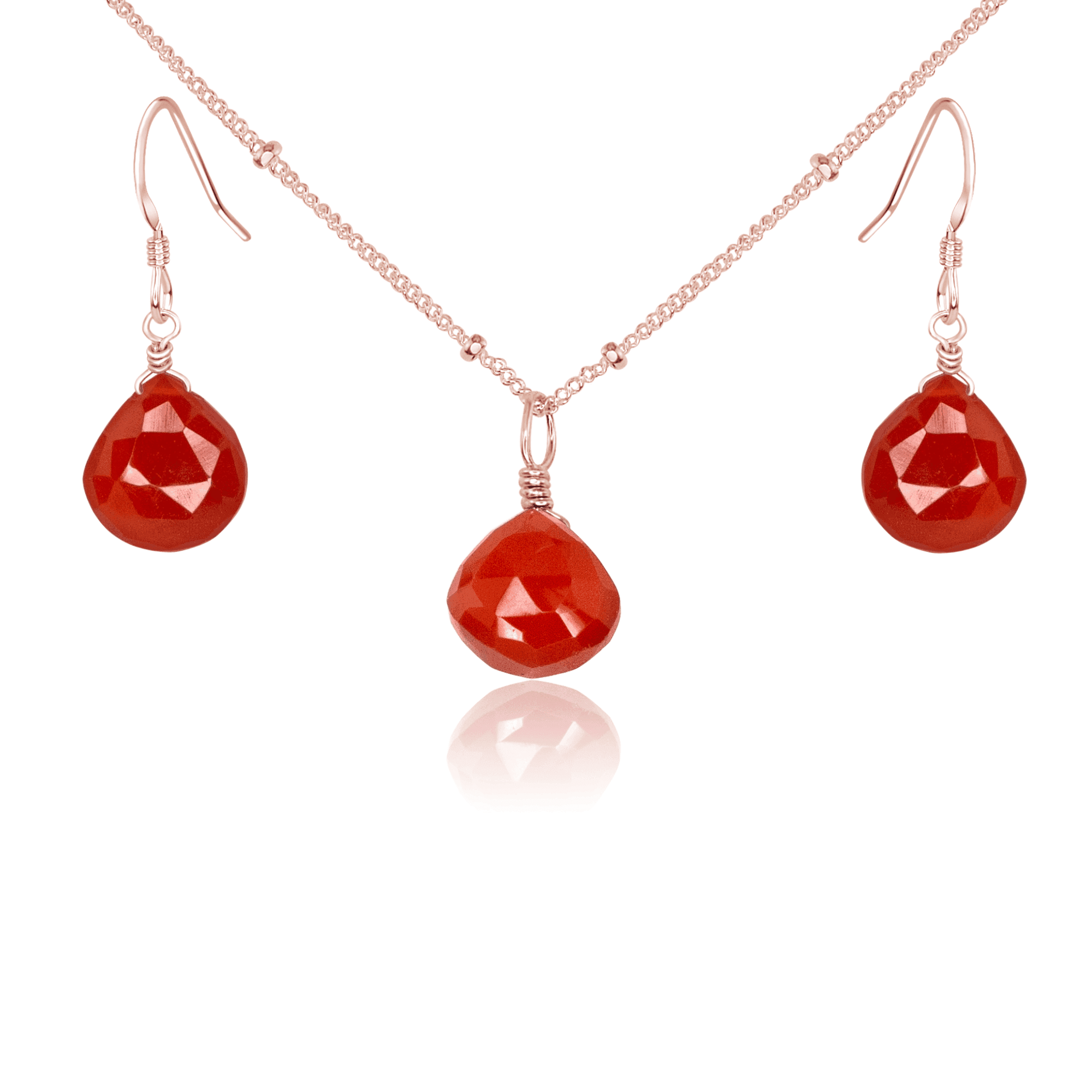 Carnelian Tiny Teardrop Earrings & Necklace Set - Carnelian Tiny Teardrop Earrings & Necklace Set - 14k Rose Gold Fill / Satellite - Luna Tide Handmade Crystal Jewellery