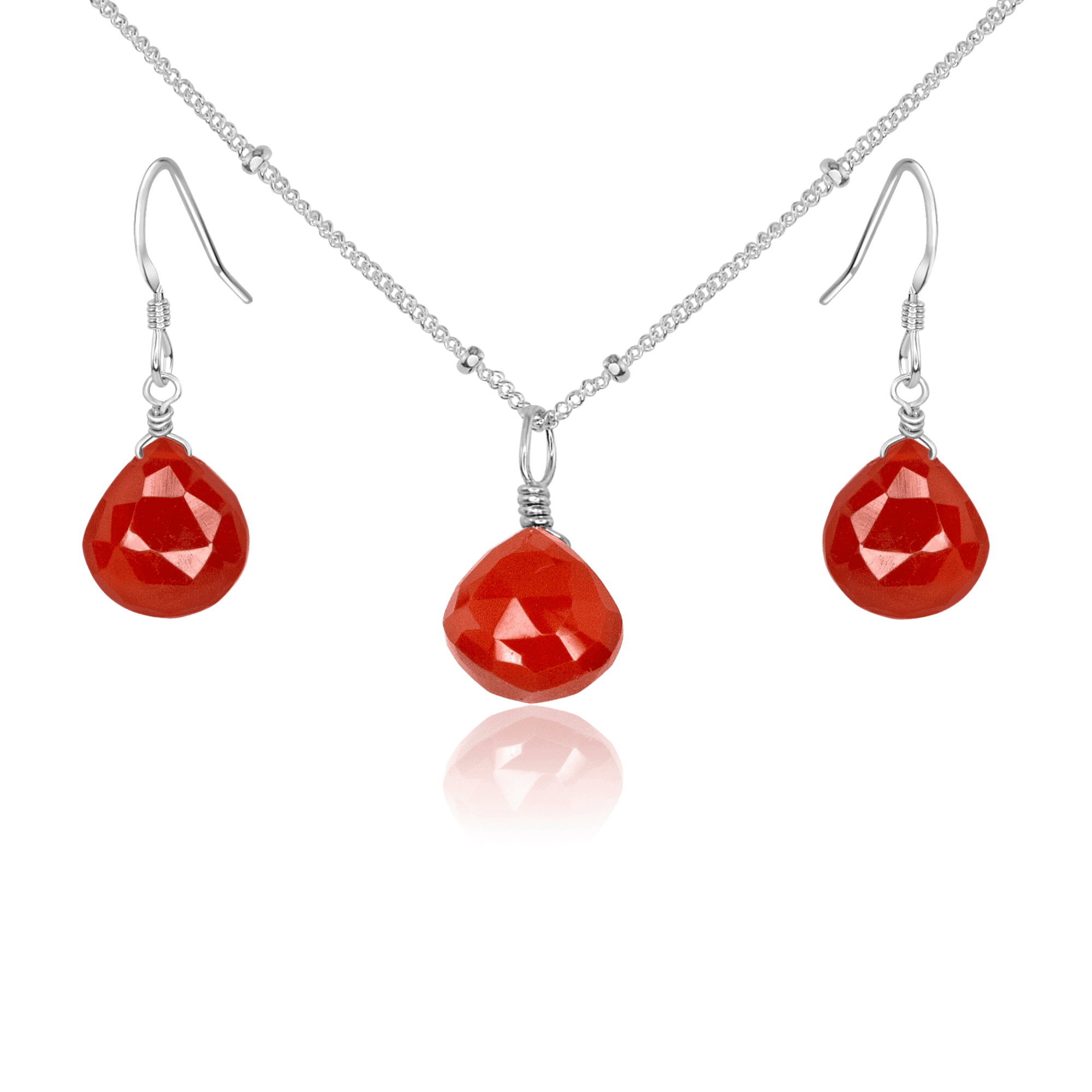 Carnelian Tiny Teardrop Earrings & Necklace Set - Carnelian Tiny Teardrop Earrings & Necklace Set - Sterling Silver / Satellite - Luna Tide Handmade Crystal Jewellery