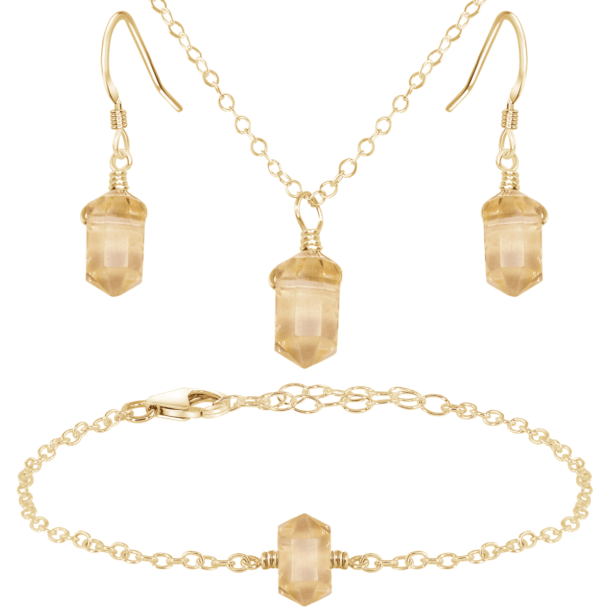 Citrine Double Terminated Crystal Earrings, Necklace & Bracelet Set - Citrine Double Terminated Crystal Earrings, Necklace & Bracelet Set - 14k Gold Fill - Luna Tide Handmade Crystal Jewellery