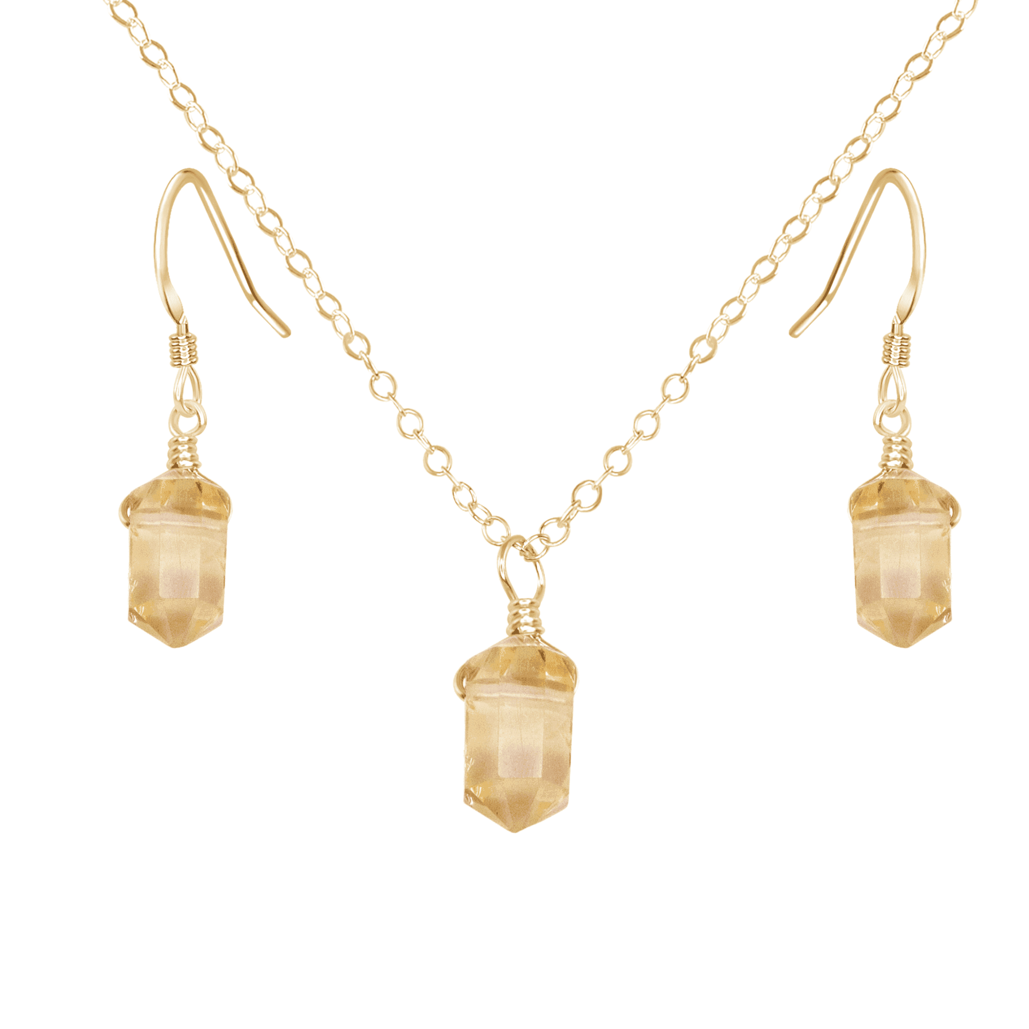 Citrine Mini Double Terminated Crystal Point Earrings & Necklace Set - Citrine Mini Double Terminated Crystal Point Earrings & Necklace Set - 14k Gold Fill - Luna Tide Handmade Crystal Jewellery