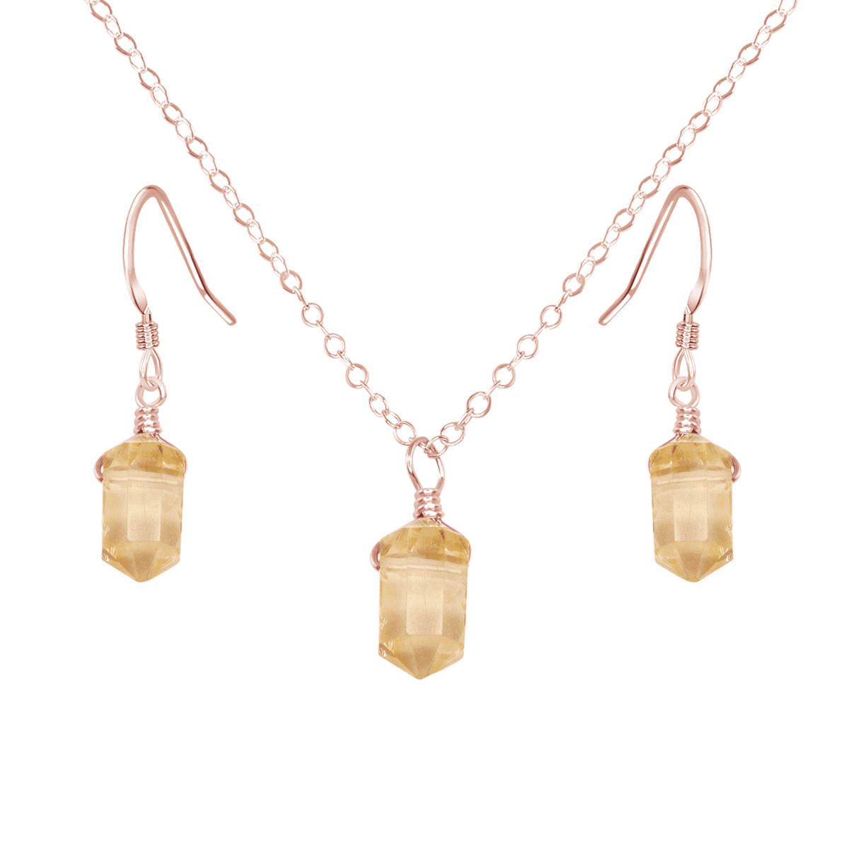 Citrine Mini Double Terminated Crystal Point Earrings & Necklace Set - Citrine Mini Double Terminated Crystal Point Earrings & Necklace Set - 14k Rose Gold Fill - Luna Tide Handmade Crystal Jewellery