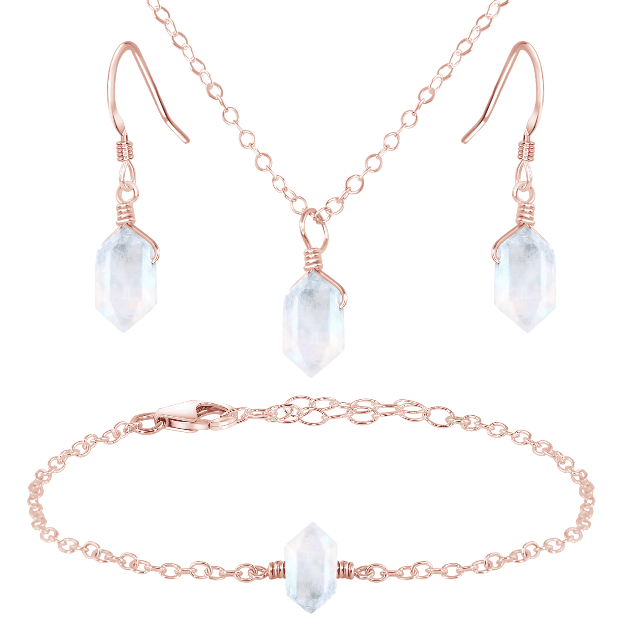 Rainbow Moonstone Double Terminated Crystal Earrings, Necklace & Bracelet Set - Rainbow Moonstone Double Terminated Crystal Earrings, Necklace & Bracelet Set - 14k Rose Gold Fill - Luna Tide Handmade Crystal Jewellery