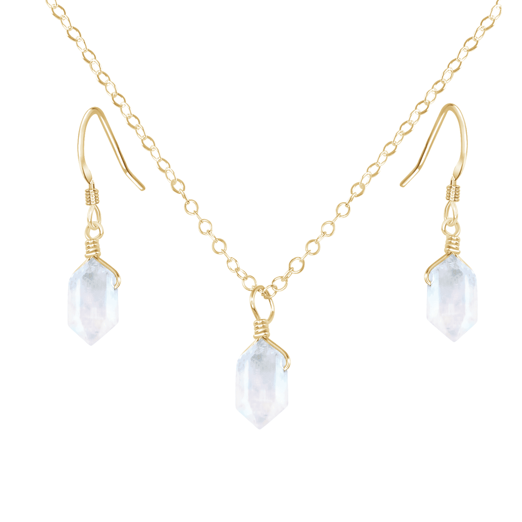Rainbow Moonstone Mini Double Terminated Crystal Point Earrings & Necklace Set - Rainbow Moonstone Mini Double Terminated Crystal Point Earrings & Necklace Set - 14k Gold Fill - Luna Tide Handmade Crystal Jewellery